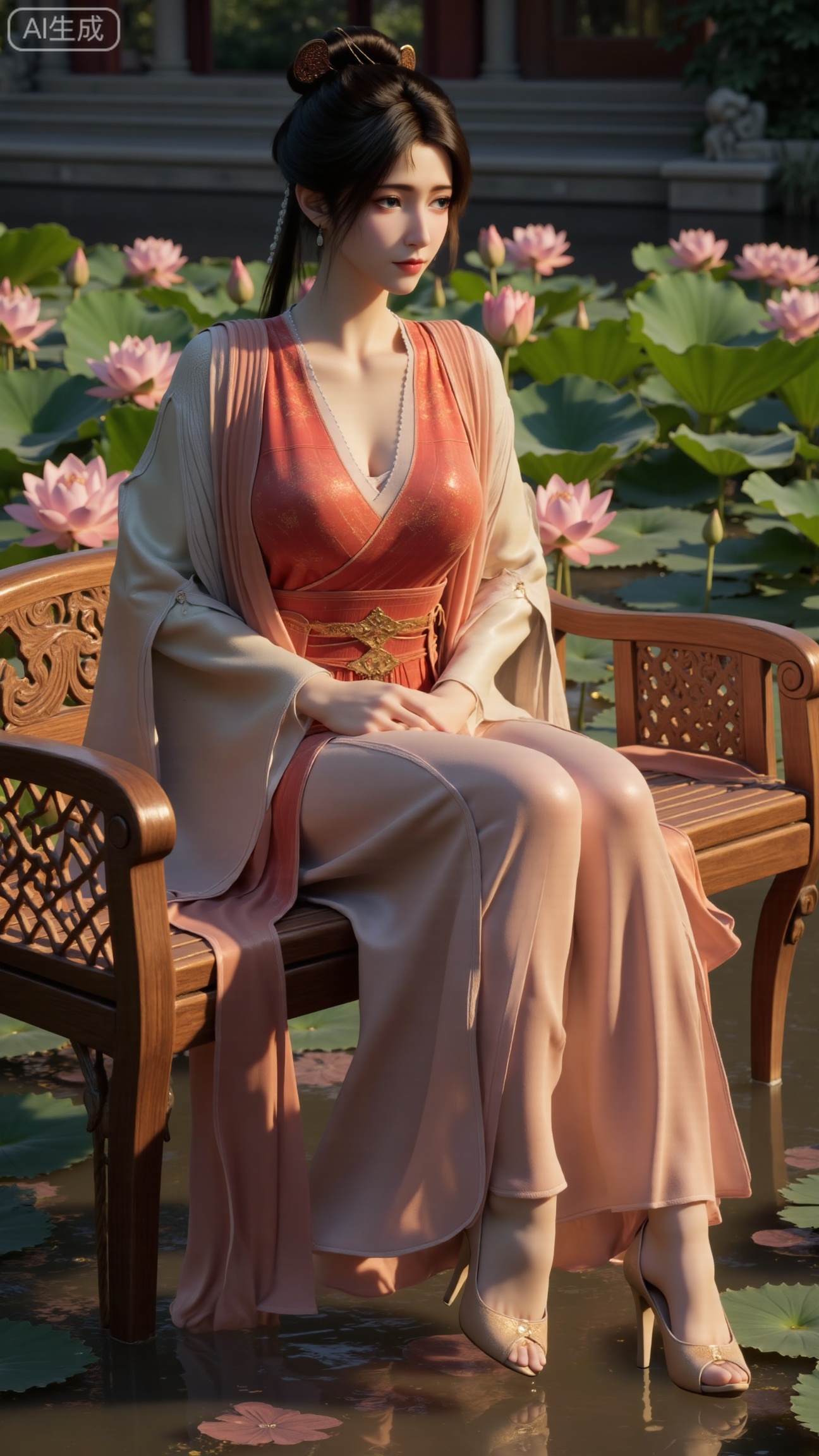 (masterpiece:1.2), best quality, A stunning young woman sits elegantly on a intricately carved wooden bench amidst a serene pond, surrounded by vibrant lily pads and lush greenery. She wears a exquisite long dress with delicate pink and gold embroidery on the chest and short sleeves, paired with gold high heels. Her long, dark hair cascades in loose waves, framing her gentle face. One hand rests on her hip, while the other holds a majestic lotus, exuding tranquility. The background is a kaleidoscope of pink and white lotus flowers, set against a subtle traditional Chinese architectural backdrop, (huge breasts:2.99),(full breasts:2.99),(Background with traditional Chinese architecture, lotus pond and pink lotus flowers:1.59), , 
,Xbigbreasts,XmupeilingXYH2,XmuplXYH,XmupeilingXYH,XmuplXYH,Xchangtui