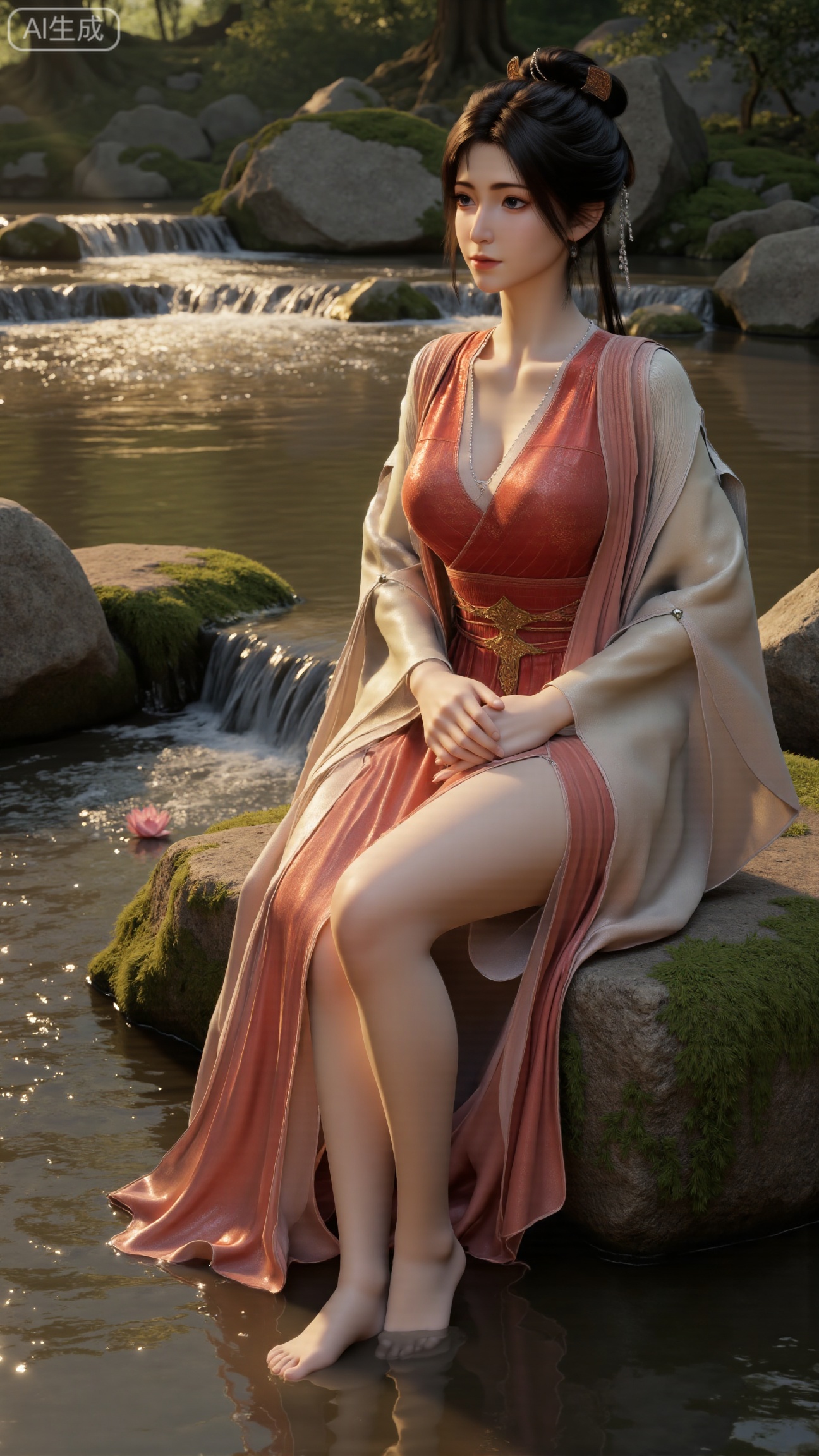 (masterpiece:1.3), ultra-detailed, 8k, photorealistic, best quality, cinematic lighting, volumetric sunlight, soft shadows, subsurface scattering, depth of field, A stunning young woman sits gracefully barefoot on a moss-covered rock beside a crystal-clear stream in a tranquil forest. The sunlight filters through the trees, casting dappled golden light on her smooth skin and the rippling water. She wears an exquisite long dress with fine pink and gold embroidery across the chest and short sleeves. Her long, dark hair flows naturally over her shoulders, softly illuminated by the warm light. Her bare feet touch the cool moss and shallow water, adding a sense of intimacy and realism. One hand rests gently on her hip, while the other holds a blooming lotus flower, her expression calm and serene. Mist rises gently from the water, with reflections dancing on the surface, creating a peaceful, ethereal atmosphere. (background with mossy stones, flowing stream, forest sunlight, soft haze, and gentle reflections:1.6), (realistic skin texture:1.3), (natural color tones:1.3), (film look:1.2) (huge breasts:2.99),(full breasts:2.99),, , 
,Xbigbreasts,XmupeilingXYH2,XmuplXYH,XmupeilingXYH,XmuplXYH,Xchangtui