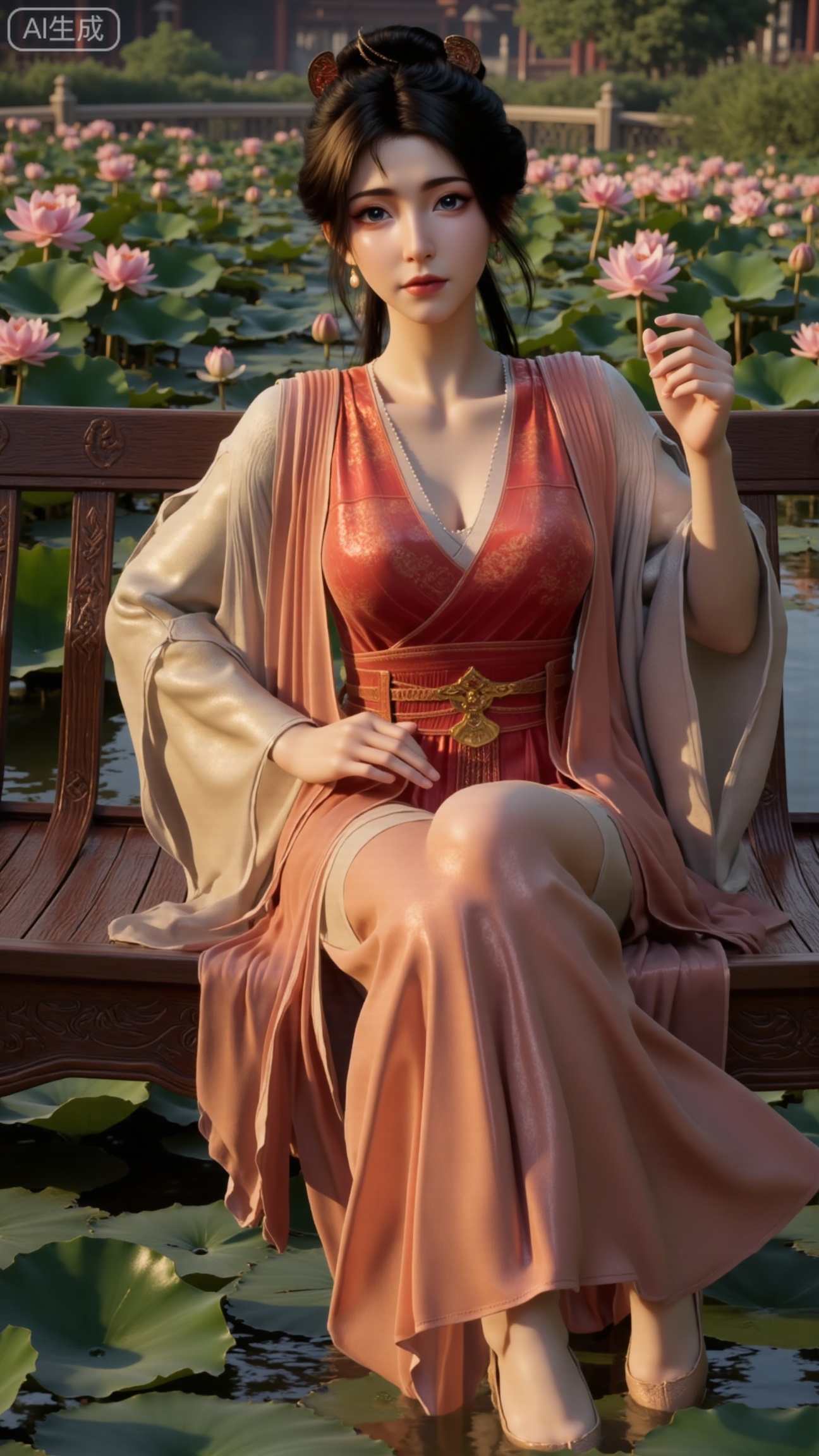 (masterpiece:1.2), best quality, A stunning young woman sits elegantly on a intricately carved wooden bench amidst a serene pond, surrounded by vibrant lily pads and lush greenery. She wears a exquisite long dress with delicate pink and gold embroidery on the chest and short sleeves, paired with gold high heels. Her long, dark hair cascades in loose waves, framing her gentle face. One hand rests on her hip, while the other holds a majestic lotus, exuding tranquility. The background is a kaleidoscope of pink and white lotus flowers, set against a subtle traditional Chinese architectural backdrop, (huge breasts:2.99),(full breasts:2.99),(Background with traditional Chinese architecture, lotus pond and pink lotus flowers:1.59), , 
,Xbigbreasts,XmupeilingXYH2,XmuplXYH,XmupeilingXYH,XmuplXYH,Xchangtui