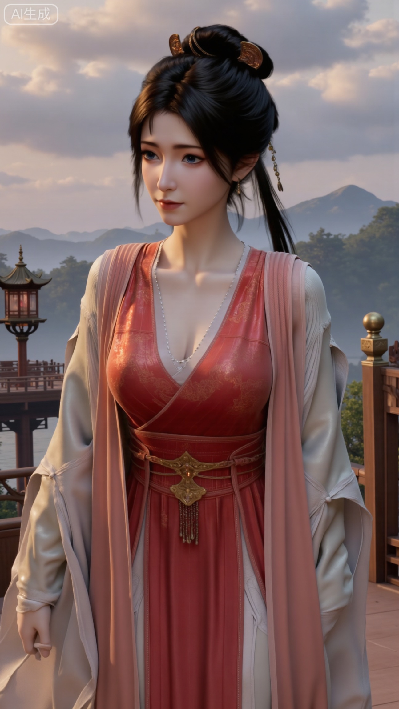 (masterpiece, best quality:1.2),1 girl, solo, long hair, black hair, hair accessories, clothing, cleavage cuts, long dress, jewelry, upper body, earrings. Background is outdoor, sky, clouds, water, trees, architecture, landscape, lantern, mountain, dragon, architecture, bridge, east Asian architecture, fog, pagoda,,(huge breasts:2.99),(full breasts:2.99),, , 
,Xbigbreasts,XmupeilingXYH2,XmuplXYH,XmupeilingXYH,XmuplXYH,Xchangtui