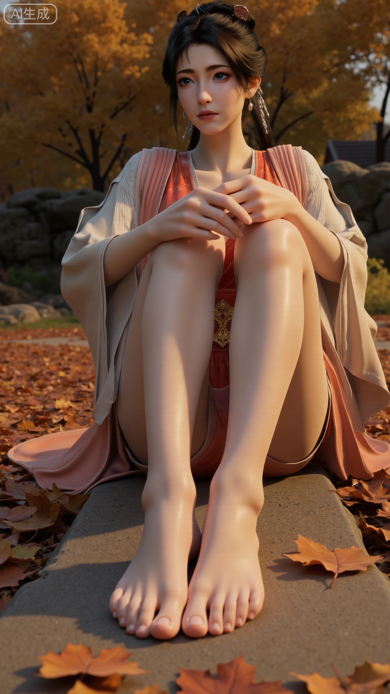 A beautiful woman seated on a stone, barefoot with a close - up of her feet. Taken from a low - angle perspective. Overall Concept: Create a visually stunning, aesthetically pleasing scene where the subject seamlessly blends with the natural environment, facing the viewer directly. The composition fully encompasses the character and the surrounding autumnal foliage, offering an expansive view. The character serves as the focal point, while the fallen leaves enhance the overall ambiance. Key elements include maple trees and fallen leaves. Perspective: The subject looks directly into the camera. Shot from a low - angle, upward perspective, this vantage point clearly showcases the spatial relationship between the character and the fallen leaves on the ground, providing a unique visual experience. Poses: Seated on the stone, one hand rests naturally on her leg, while the other relaxes by her side. Emphasize her delicate hands and fingers..,(huge breasts:2.99),(full breasts:2.99), , 
,Xbigbreasts,XmupeilingXYH2,XmuplXYH,XmupeilingXYH,XmuplXYH,Xchangtui