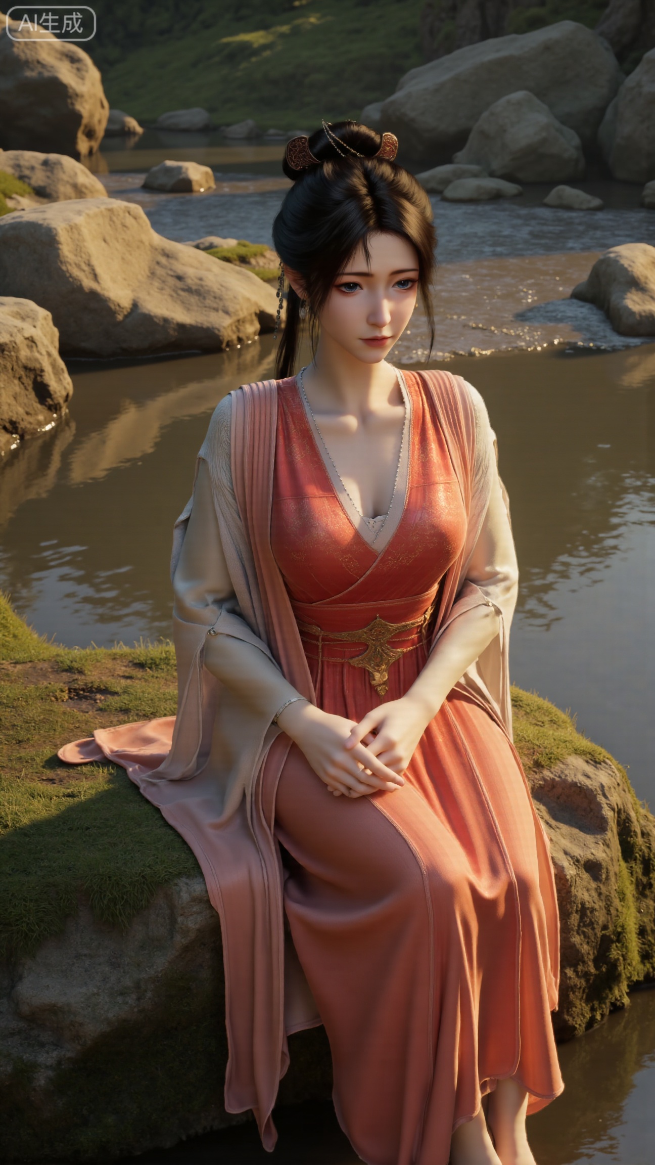 (masterpiece:1.3), ultra-detailed, 8k, photorealistic, best quality, cinematic lighting, volumetric sunlight, soft shadows, subsurface scattering, depth of field, A stunning young woman sits gracefully barefoot on a moss-covered rock beside a crystal-clear stream in a tranquil forest. The sunlight filters through the trees, casting dappled golden light on her smooth skin and the rippling water. She wears an exquisite long dress with fine pink and gold embroidery across the chest and short sleeves. Her long, dark hair flows naturally over her shoulders, softly illuminated by the warm light. Her bare feet touch the cool moss and shallow water, adding a sense of intimacy and realism. One hand rests gently on her hip, while the other holds a blooming lotus flower, her expression calm and serene. Mist rises gently from the water, with reflections dancing on the surface, creating a peaceful, ethereal atmosphere. (background with mossy stones, flowing stream, forest sunlight, soft haze, and gentle reflections:1.6), (realistic skin texture:1.3), (natural color tones:1.3), (film look:1.2) (huge breasts:2.99),(full breasts:2.99),, , 
,Xbigbreasts,XmupeilingXYH2,XmuplXYH,XmupeilingXYH,XmuplXYH,Xchangtui