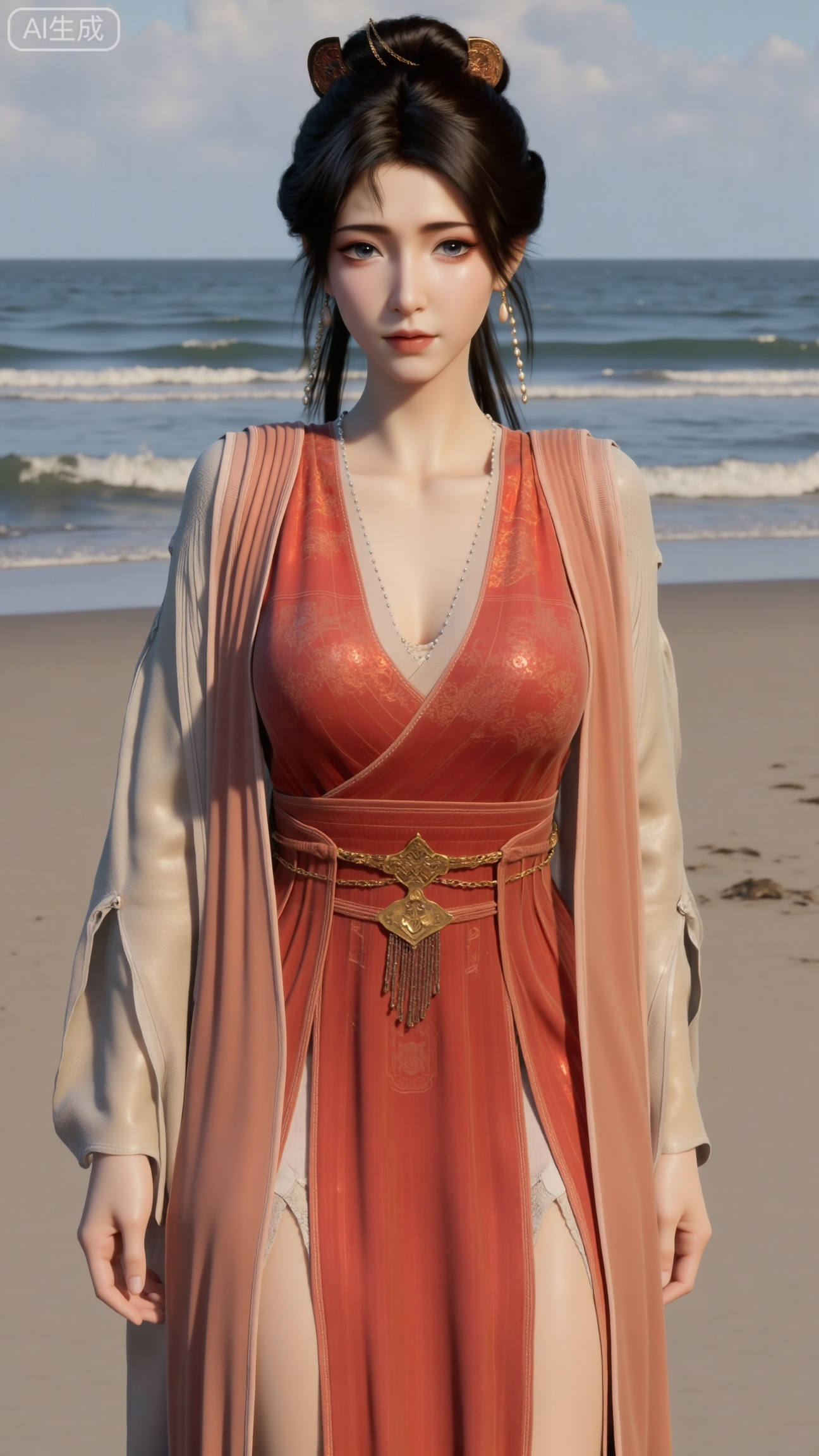 masterpiece, best quality, 1girl,solo,looking at viewer,( outdoor:1.3),sea,beach,realistic,midriff,bare shoulders,standting,hair ornament,long hair,jewelry,long dress,cowboy shot, (huge breasts, full breasts:2.69),, , , 
,Xbigbreasts,XmupeilingXYH2,XmuplXYH,XmupeilingXYH,XmuplXYH,Xchangtui