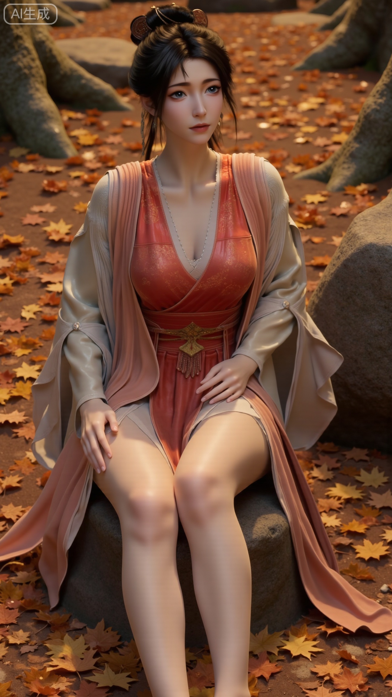 A beautiful woman seated on a stone, barefoot with a close - up of her feet. Taken from a low - angle perspective. Overall Concept: Create a visually stunning, aesthetically pleasing scene where the subject seamlessly blends with the natural environment, facing the viewer directly. The composition fully encompasses the character and the surrounding autumnal foliage, offering an expansive view. The character serves as the focal point, while the fallen leaves enhance the overall ambiance. Key elements include maple trees and fallen leaves. Perspective: The subject looks directly into the camera. Shot from a low - angle, upward perspective, this vantage point clearly showcases the spatial relationship between the character and the fallen leaves on the ground, providing a unique visual experience. Poses: Seated on the stone, one hand rests naturally on her leg, while the other relaxes by her side. Emphasize her delicate hands and fingers..,(huge breasts:2.99),(full breasts:2.99), , 
,Xbigbreasts,XmupeilingXYH2,XmuplXYH,XmupeilingXYH,XmuplXYH,Xchangtui