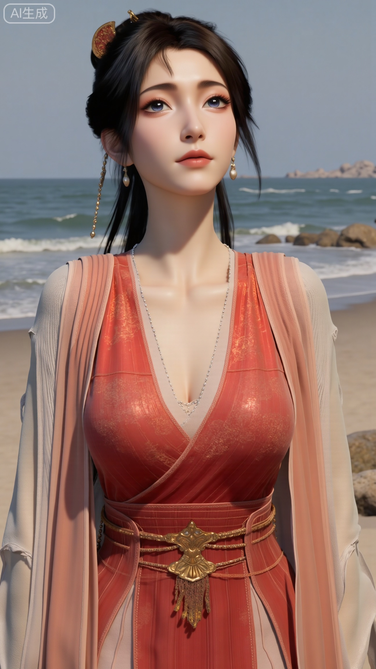 masterpiece, best quality, 1girl,solo,looking at viewer,( outdoor:1.3),sea,beach,realistic,midriff,bare shoulders,standting,hair ornament,long hair,jewelry,long dress,cowboy shot, (huge breasts, full breasts:2.69),, , , 
,Xbigbreasts,XmupeilingXYH2,XmuplXYH,XmupeilingXYH,XmuplXYH,Xchangtui