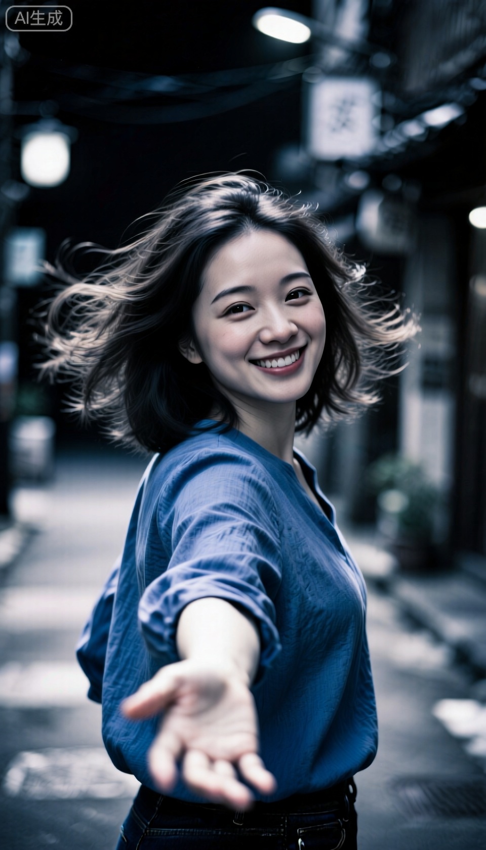 JKC photography,风中回眸转身,惊艳的容貌,蓬松刘海,动态模糊街景,蓝衫随风起皱,发丝分离,面对镜头,情绪感染力,向镜头伸出手,脸上带着甜蜜笑容,超现实主义,细节丰富色彩生动完美杰作精致的细节,黑白淡彩,暗调,氛围低光,浓浓的氛围感拉满,暗朦,overexposure,景深,高噪点,强烈的胶片颗粒质感,光的美学,概念艺术,超现实,