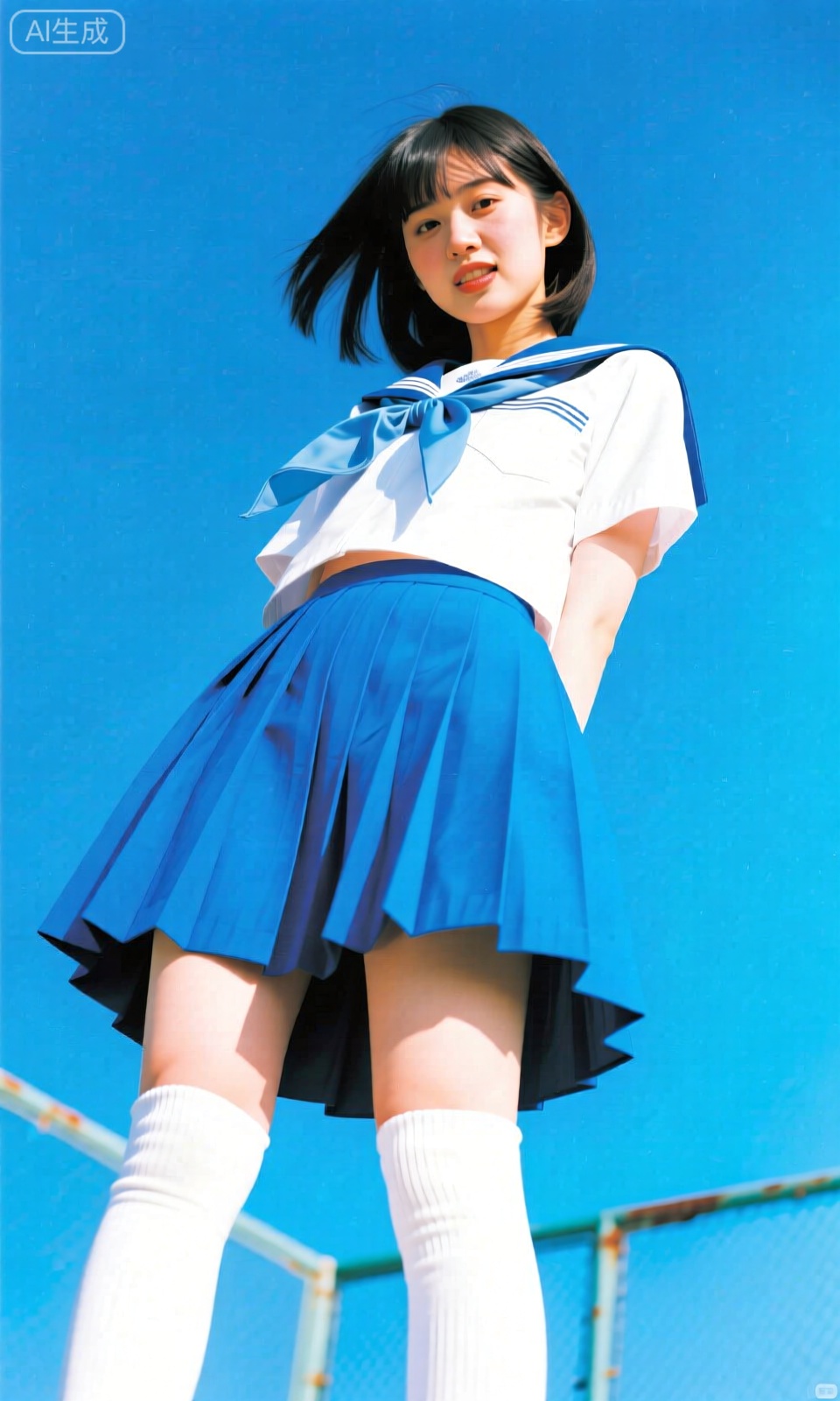 艺术写真,艺术写真,艺术写真,艺术写真,,日本学校风格,光影摄影,日本学校风格,一张照片显示一位穿着日本女学生服装的年轻女子,她穿着蓝色百褶裙和白色及膝袜,背景是晴朗的蓝天,灯光明亮自然,强调了她衣服的鲜艳色彩和质感,图像清晰而光线充足,带有俏皮和挑衅的基调,