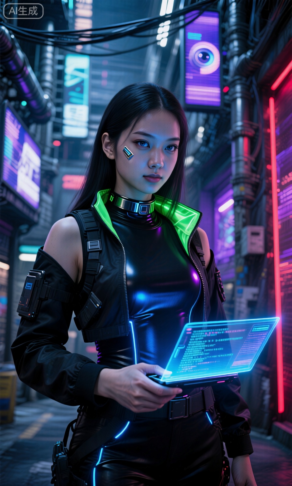 18 岁黑长直少女,赛博朋克硬核机能穿搭,黑色紧身衣织入冷光蓝发光纤维,外搭暗黑系模块化战术外套（可拆卸荧光绿护肩）,颈间佩戴悬浮式能量项圈,眉骨处贴金属质感电子贴片,站在垂直交错的霓虹街道夹层,上半身特写,单手握着全息数据终端（屏幕流淌荧光代码）,蓝、紫、红三色霓虹灯光斜切皮肤形成锐利光边,墙面电子屏反光在发丝与肩颈形成流动光斑,背景是布满机械管道、悬浮线缆与全息投影广告的高密度赛博街区,冷调工业金属色与霓虹撞色强烈对比,数字噪点叠加轻微故障艺术效果,皮肤带冷调电子反光,眼神锐利如机械虹膜扫描