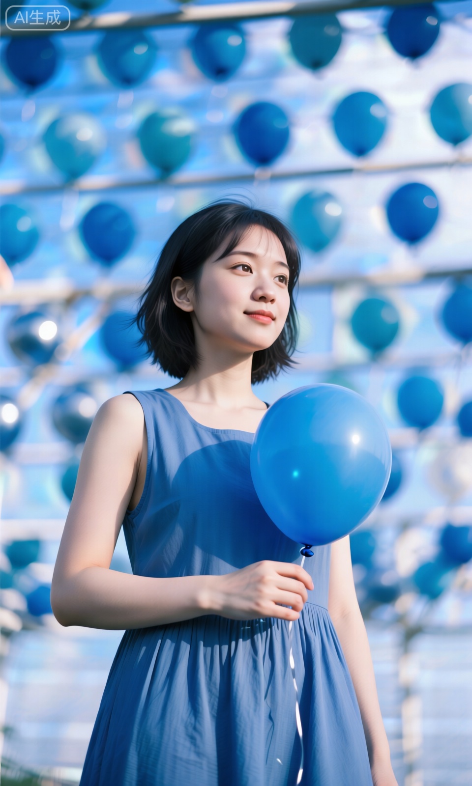 18 岁短发少女,身着蓝色无袖百褶连衣裙,手持同色系蓝色气球,立于晴朗蓝天之下,低角度拍摄,富士胶片清新风格,光线明亮自然,文艺清新氛围,皮肤质感真实,发丝微扬,眼神略带思索