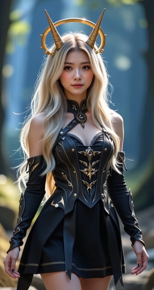 Create a realistic scene where a 1girl solo long hair blonde hair dress black dress pointy ears halo single horn cosplay,...