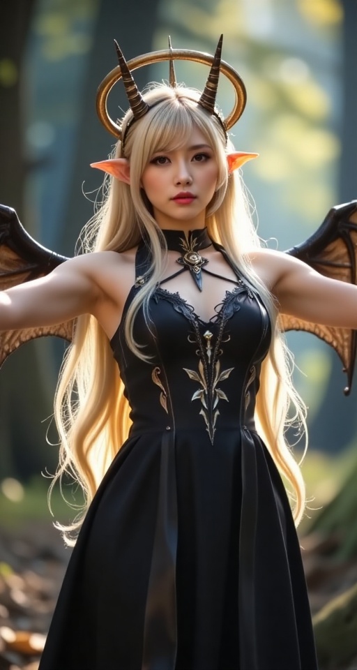 Create a realistic scene where a 1girl solo long hair looking at viewer blonde hair dress black dress lips outstretched ar...