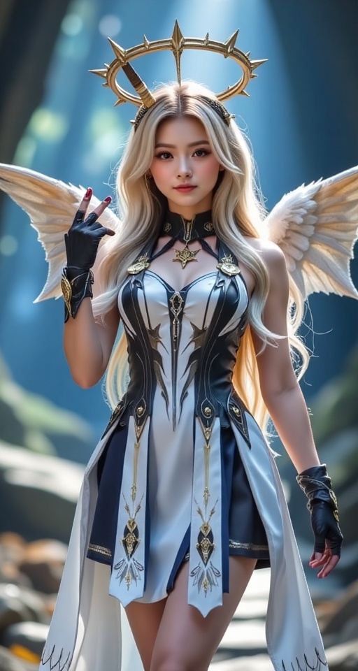 Create a realistic scene where a 1girl solo long hair blonde hair gloves dress holding standing fingerless gloves pointy e...