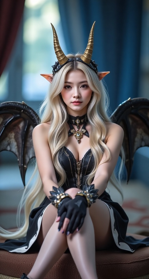 Create a realistic scene where a 1girl solo long hair looking at viewer blonde hair gloves dress sitting lips crossed legs...