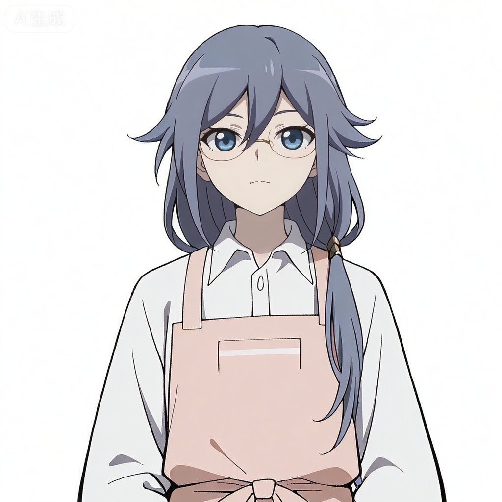 masterpiece, best quality,solo,((white background:1.2)),simple background,, 
looking at viewer,anime_style,fu_hua,blue eyes,grey hair,hair ornament,hair between eyes,glasses,apron,shirt,white shirt,pink apron,collared shirt