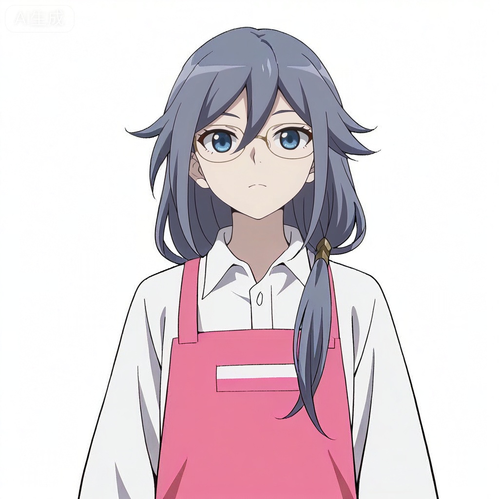 masterpiece, best quality,solo,((white background:1.2)),simple background,, 
looking at viewer,anime_style,fu_hua,blue eyes,grey hair,hair ornament,hair between eyes,glasses,apron,shirt,white shirt,pink apron,collared shirt