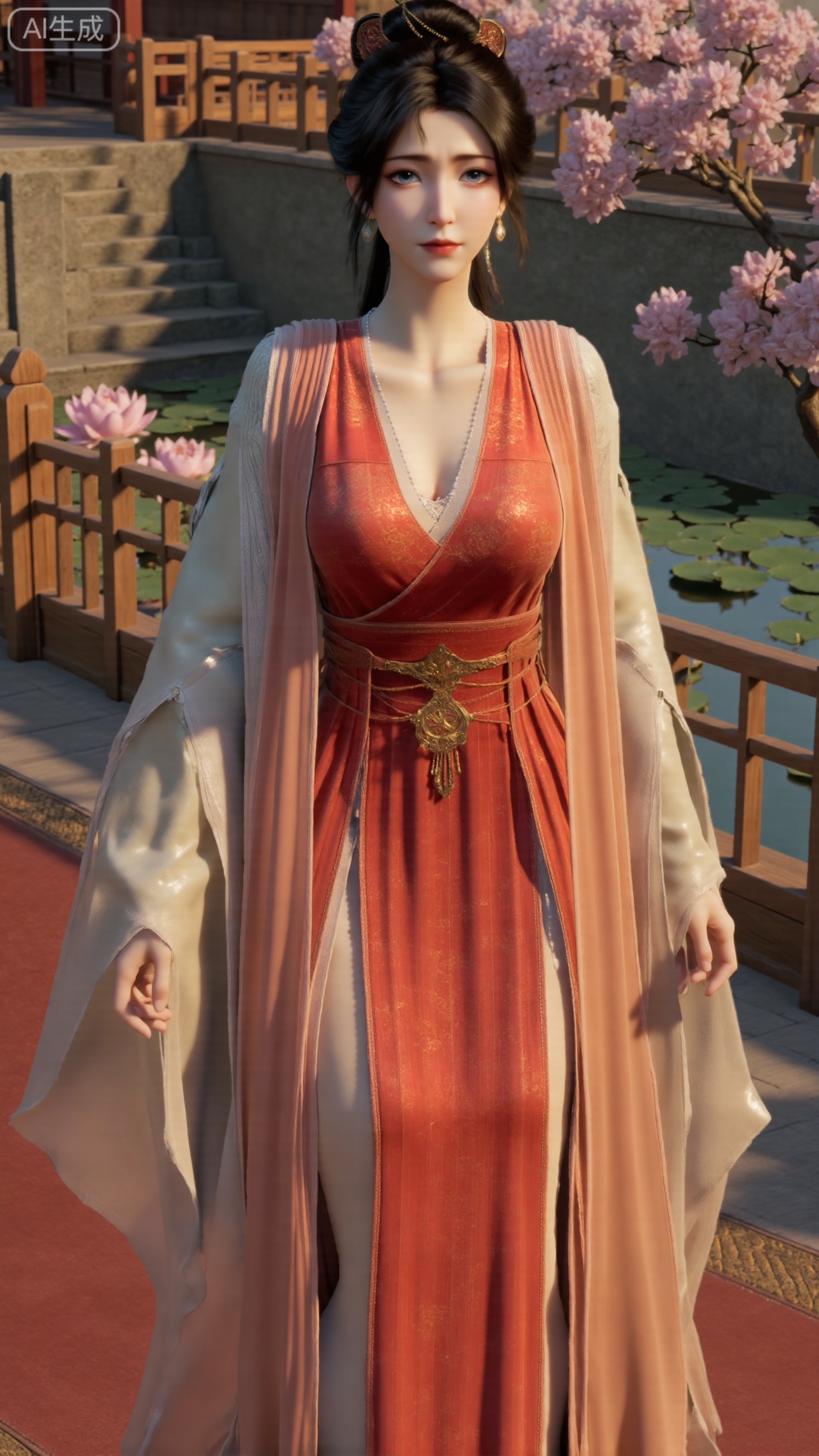 (masterpiece, best quality:1.23),A long - legged ancient - style courtesan girl, wearing a gorgeous and lightweight brocade ruqun. The hem of the skirt is embroidered with delicate peony patterns, with bright colors. She wears a semi - transparent gauze cape, fluttering in the wind. Her hair is combed into a complex bun, adorned with gold hairpins and pearl - jade headdresses, red ruby earrings on her ears, and a jade necklace around her neck. Holding a folding fan painted with orchids, standing in front of an antique pavilion, with a blooming peach tree behind her, showing a charming and amorous style,(huge breasts, full breasts:2.98), ,(Background with traditional Chinese architecture, lotus pond and pink lotus flowers:1.59), , 
,Xbigbreasts,XmupeilingXYH2,XmuplXYH,XmupeilingXYH,XmuplXYH,Xchangtui