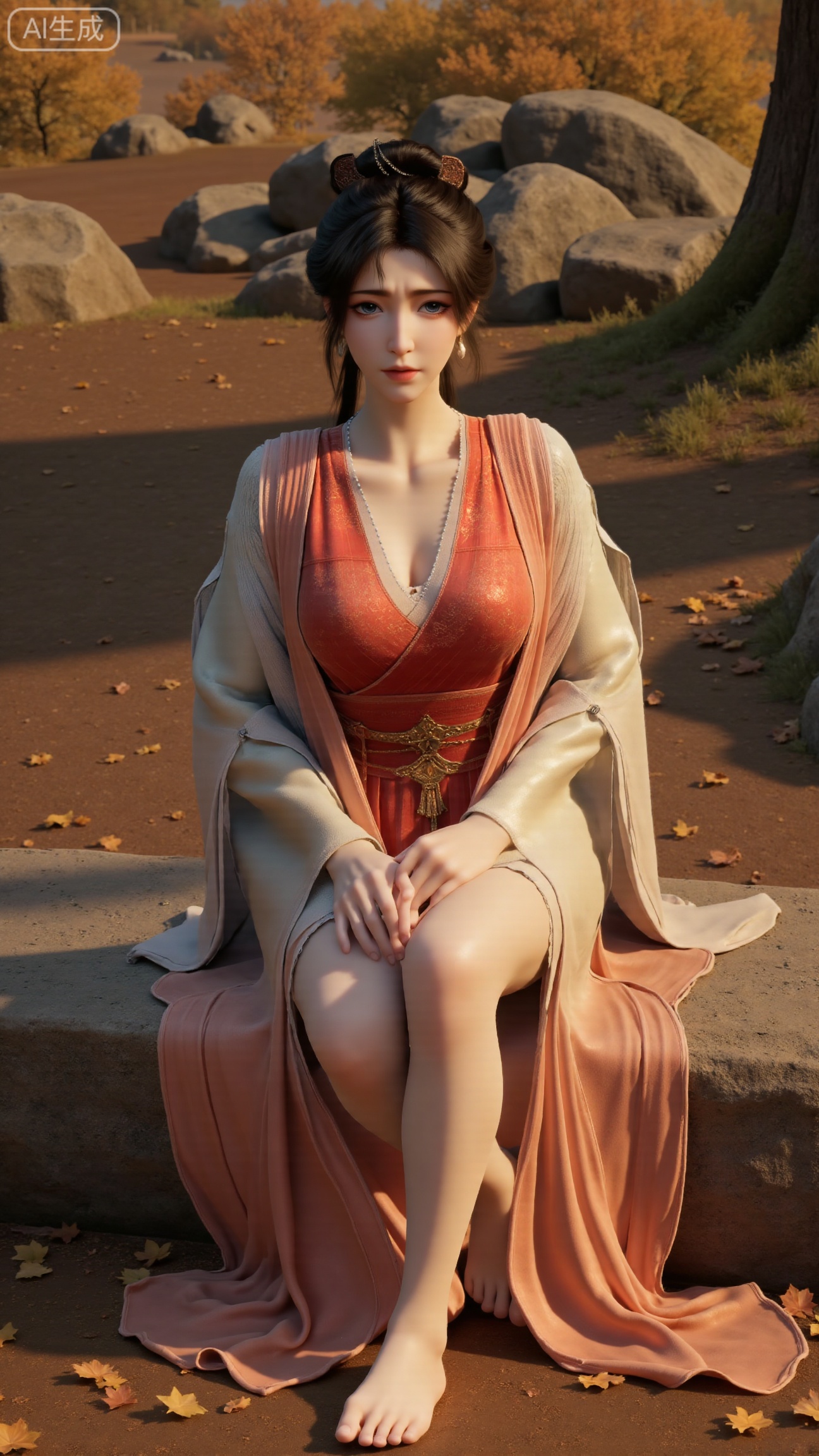 A beautiful woman seated on a stone, barefoot with a close - up of her feet. Taken from a low - angle perspective. Overall Concept: Create a visually stunning, aesthetically pleasing scene where the subject seamlessly blends with the natural environment, facing the viewer directly. The composition fully encompasses the character and the surrounding autumnal foliage, offering an expansive view. The character serves as the focal point, while the fallen leaves enhance the overall ambiance. Key elements include maple trees and fallen leaves. Perspective: The subject looks directly into the camera. Shot from a low - angle, upward perspective, this vantage point clearly showcases the spatial relationship between the character and the fallen leaves on the ground, providing a unique visual experience. Poses: Seated on the stone, one hand rests naturally on her leg, while the other relaxes by her side. Emphasize her delicate hands and fingers..,(huge breasts:2.99),(full breasts:2.99), , 
,Xbigbreasts,XmupeilingXYH2,XmuplXYH,XmupeilingXYH,XmuplXYH,Xchangtui