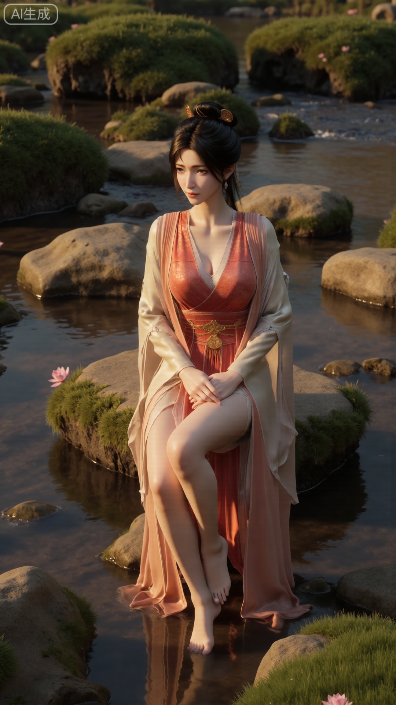 (masterpiece:1.3), ultra-detailed, 8k, photorealistic, best quality, cinematic lighting, volumetric sunlight, soft shadows, subsurface scattering, depth of field, A stunning young woman sits gracefully barefoot on a moss-covered rock beside a crystal-clear stream in a tranquil forest. The sunlight filters through the trees, casting dappled golden light on her smooth skin and the rippling water. She wears an exquisite long dress with fine pink and gold embroidery across the chest and short sleeves. Her long, dark hair flows naturally over her shoulders, softly illuminated by the warm light. Her bare feet touch the cool moss and shallow water, adding a sense of intimacy and realism. One hand rests gently on her hip, while the other holds a blooming lotus flower, her expression calm and serene. Mist rises gently from the water, with reflections dancing on the surface, creating a peaceful, ethereal atmosphere. (background with mossy stones, flowing stream, forest sunlight, soft haze, and gentle reflections:1.6), (realistic skin texture:1.3), (natural color tones:1.3), (film look:1.2) (huge breasts:2.99),(full breasts:2.99),, , 
,Xbigbreasts,XmupeilingXYH2,XmuplXYH,XmupeilingXYH,XmuplXYH,Xchangtui