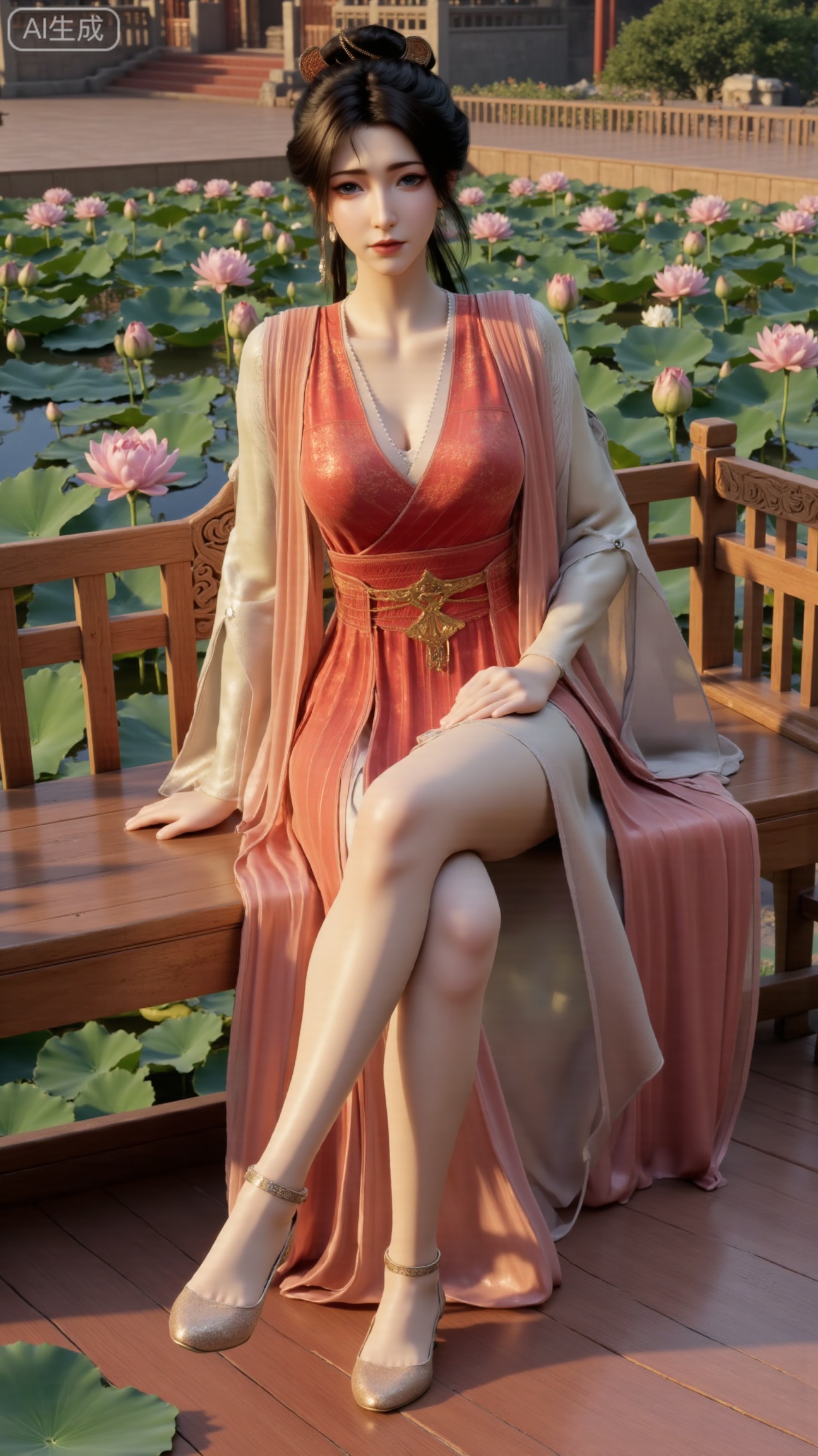(masterpiece:1.2), best quality, A stunning young woman sits elegantly on a intricately carved wooden bench amidst a serene pond, surrounded by vibrant lily pads and lush greenery. She wears a exquisite long dress with delicate pink and gold embroidery on the chest and short sleeves, paired with gold high heels. Her long, dark hair cascades in loose waves, framing her gentle face. One hand rests on her hip, while the other holds a majestic lotus, exuding tranquility. The background is a kaleidoscope of pink and white lotus flowers, set against a subtle traditional Chinese architectural backdrop, (huge breasts:2.99),(full breasts:2.99),(Background with traditional Chinese architecture, lotus pond and pink lotus flowers:1.59), , 
,Xbigbreasts,XmupeilingXYH2,XmuplXYH,XmupeilingXYH,XmuplXYH,Xchangtui