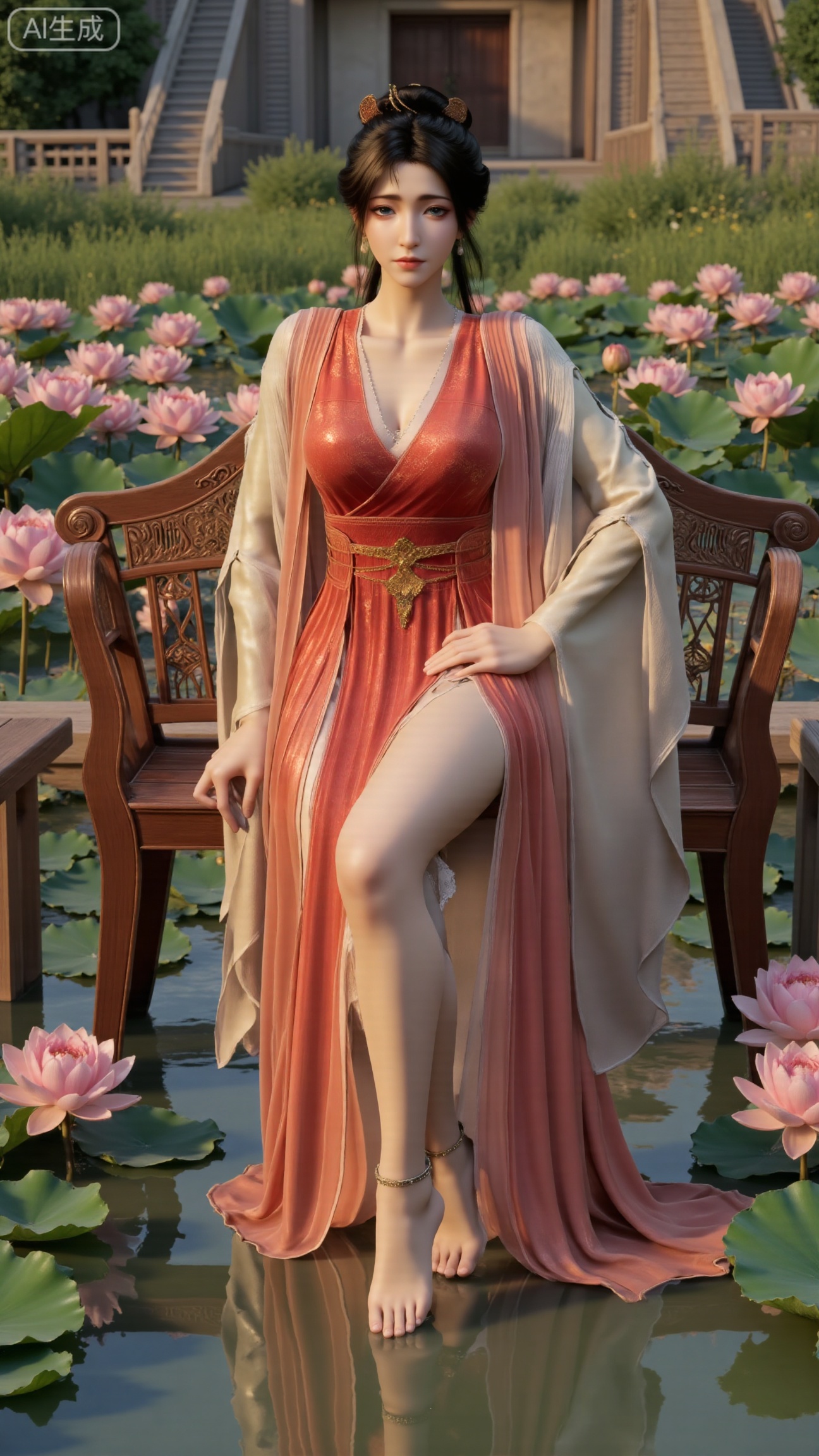 (masterpiece:1.2), best quality, A stunning young woman sits elegantly on a intricately carved wooden bench amidst a serene pond, surrounded by vibrant lily pads and lush greenery. She wears a exquisite long dress with delicate pink and gold embroidery on the chest and short sleeves, paired with gold high heels. Her long, dark hair cascades in loose waves, framing her gentle face. One hand rests on her hip, while the other holds a majestic lotus, exuding tranquility. The background is a kaleidoscope of pink and white lotus flowers, set against a subtle traditional Chinese architectural backdrop, (huge breasts:2.99),(full breasts:2.99),(Background with traditional Chinese architecture, lotus pond and pink lotus flowers:1.59), , 
,Xbigbreasts,XmupeilingXYH2,XmuplXYH,XmupeilingXYH,XmuplXYH,Xchangtui