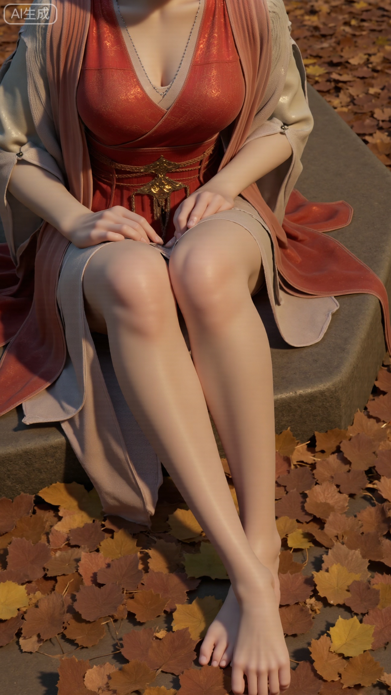 A beautiful woman seated on a stone, barefoot with a close - up of her feet. Taken from a low - angle perspective. Overall Concept: Create a visually stunning, aesthetically pleasing scene where the subject seamlessly blends with the natural environment, facing the viewer directly. The composition fully encompasses the character and the surrounding autumnal foliage, offering an expansive view. The character serves as the focal point, while the fallen leaves enhance the overall ambiance. Key elements include maple trees and fallen leaves. Perspective: The subject looks directly into the camera. Shot from a low - angle, upward perspective, this vantage point clearly showcases the spatial relationship between the character and the fallen leaves on the ground, providing a unique visual experience. Poses: Seated on the stone, one hand rests naturally on her leg, while the other relaxes by her side. Emphasize her delicate hands and fingers..,(huge breasts:2.99),(full breasts:2.99), , 
,Xbigbreasts,XmupeilingXYH2,XmuplXYH,XmupeilingXYH,XmuplXYH,Xchangtui