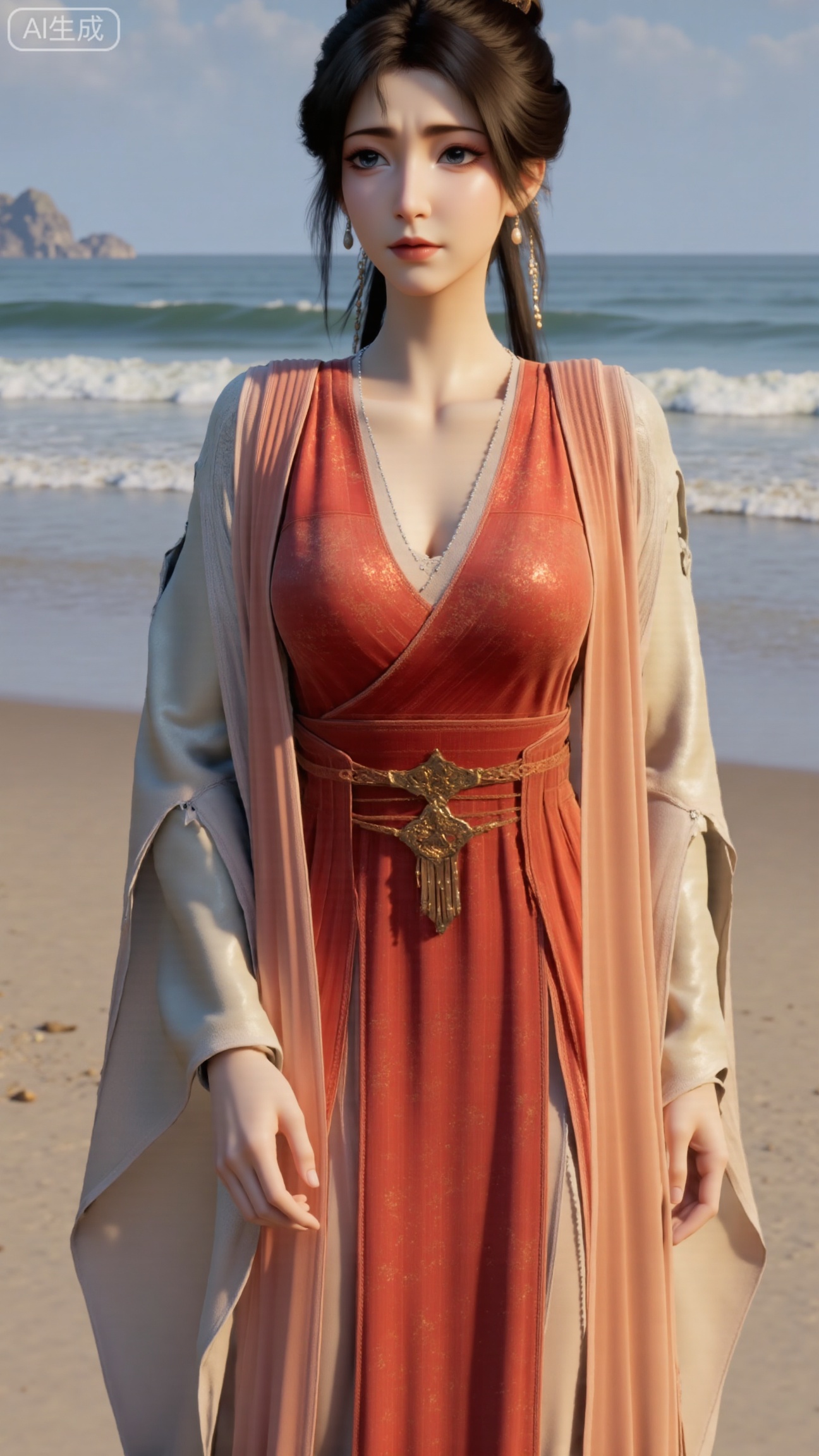 masterpiece, best quality, 1girl,solo,looking at viewer,( outdoor:1.3),sea,beach,realistic,midriff,bare shoulders,standting,hair ornament,long hair,jewelry,long dress,cowboy shot, (huge breasts, full breasts:2.69),, , , 
,Xbigbreasts,XmupeilingXYH2,XmuplXYH,XmupeilingXYH,XmuplXYH,Xchangtui