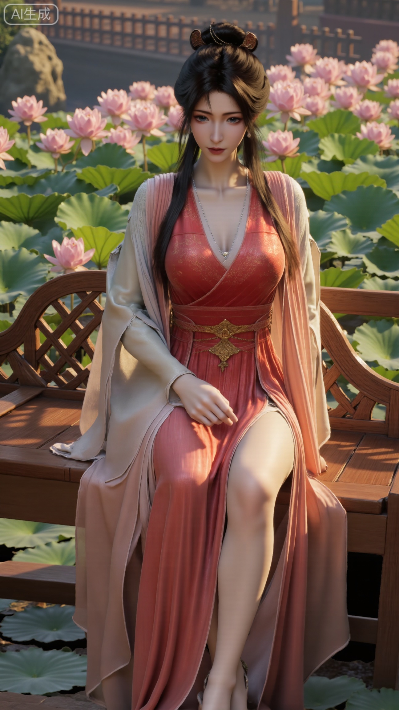 (masterpiece:1.2), best quality, A stunning young woman sits elegantly on a intricately carved wooden bench amidst a serene pond, surrounded by vibrant lily pads and lush greenery. She wears a exquisite long dress with delicate pink and gold embroidery on the chest and short sleeves, paired with gold high heels. Her long, dark hair cascades in loose waves, framing her gentle face. One hand rests on her hip, while the other holds a majestic lotus, exuding tranquility. The background is a kaleidoscope of pink and white lotus flowers, set against a subtle traditional Chinese architectural backdrop, (huge breasts:2.99),(full breasts:2.99),(Background with traditional Chinese architecture, lotus pond and pink lotus flowers:1.59), , 
,Xbigbreasts,XmupeilingXYH2,XmuplXYH,XmupeilingXYH,XmuplXYH,Xchangtui