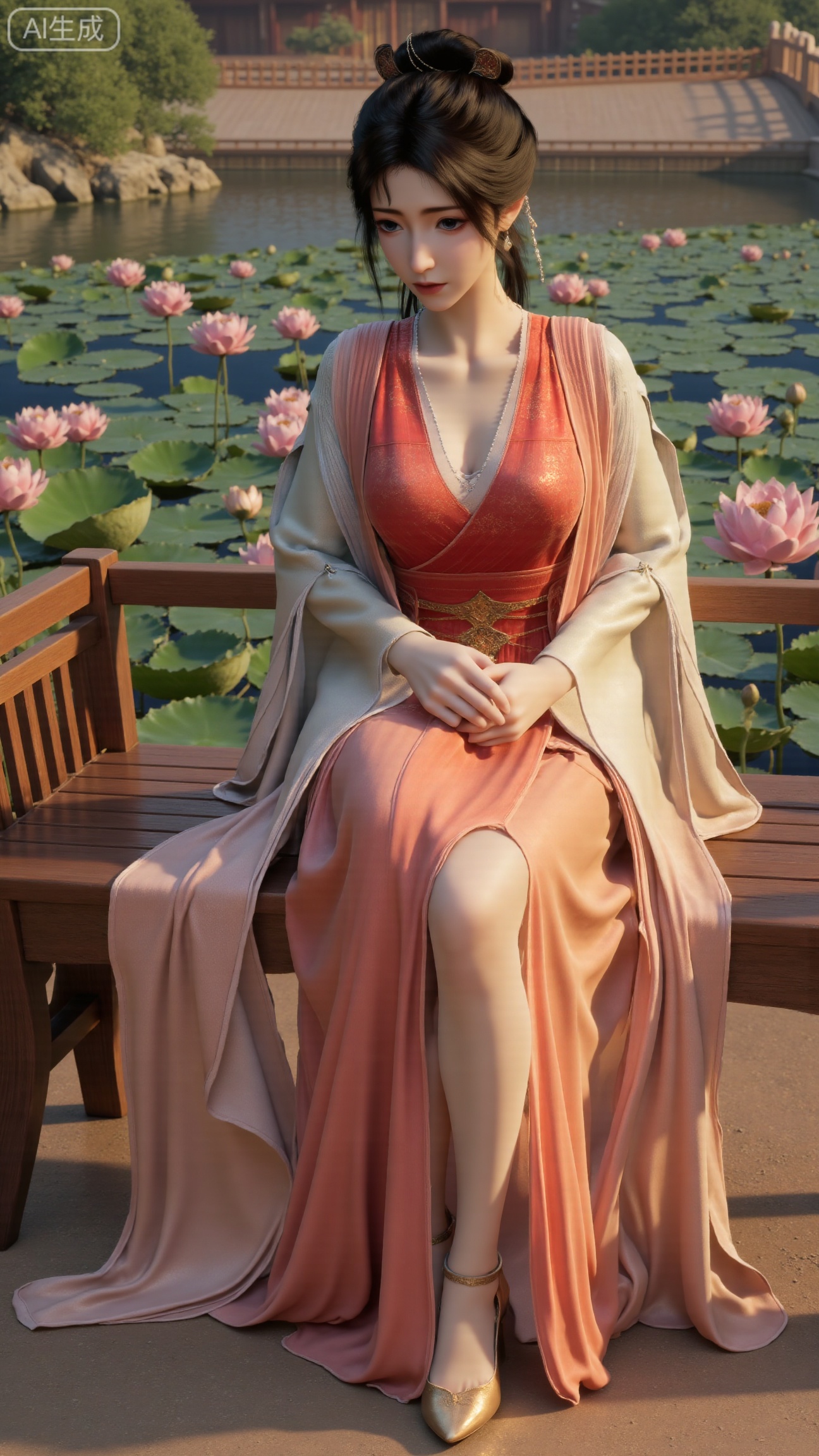 (masterpiece:1.2), best quality, A stunning young woman sits elegantly on a intricately carved wooden bench amidst a serene pond, surrounded by vibrant lily pads and lush greenery. She wears a exquisite long dress with delicate pink and gold embroidery on the chest and short sleeves, paired with gold high heels. Her long, dark hair cascades in loose waves, framing her gentle face. One hand rests on her hip, while the other holds a majestic lotus, exuding tranquility. The background is a kaleidoscope of pink and white lotus flowers, set against a subtle traditional Chinese architectural backdrop, (huge breasts:2.99),(full breasts:2.99),(Background with traditional Chinese architecture, lotus pond and pink lotus flowers:1.59), , 
,Xbigbreasts,XmupeilingXYH2,XmuplXYH,XmupeilingXYH,XmuplXYH,Xchangtui