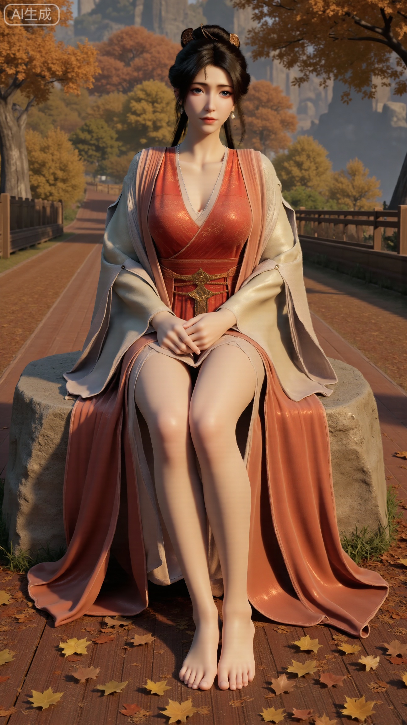 A beautiful woman seated on a stone, barefoot with a close - up of her feet. Taken from a low - angle perspective. Overall Concept: Create a visually stunning, aesthetically pleasing scene where the subject seamlessly blends with the natural environment, facing the viewer directly. The composition fully encompasses the character and the surrounding autumnal foliage, offering an expansive view. The character serves as the focal point, while the fallen leaves enhance the overall ambiance. Key elements include maple trees and fallen leaves. Perspective: The subject looks directly into the camera. Shot from a low - angle, upward perspective, this vantage point clearly showcases the spatial relationship between the character and the fallen leaves on the ground, providing a unique visual experience. Poses: Seated on the stone, one hand rests naturally on her leg, while the other relaxes by her side. Emphasize her delicate hands and fingers..,(huge breasts:2.99),(full breasts:2.99), , 
,Xbigbreasts,XmupeilingXYH2,XmuplXYH,XmupeilingXYH,XmuplXYH,Xchangtui