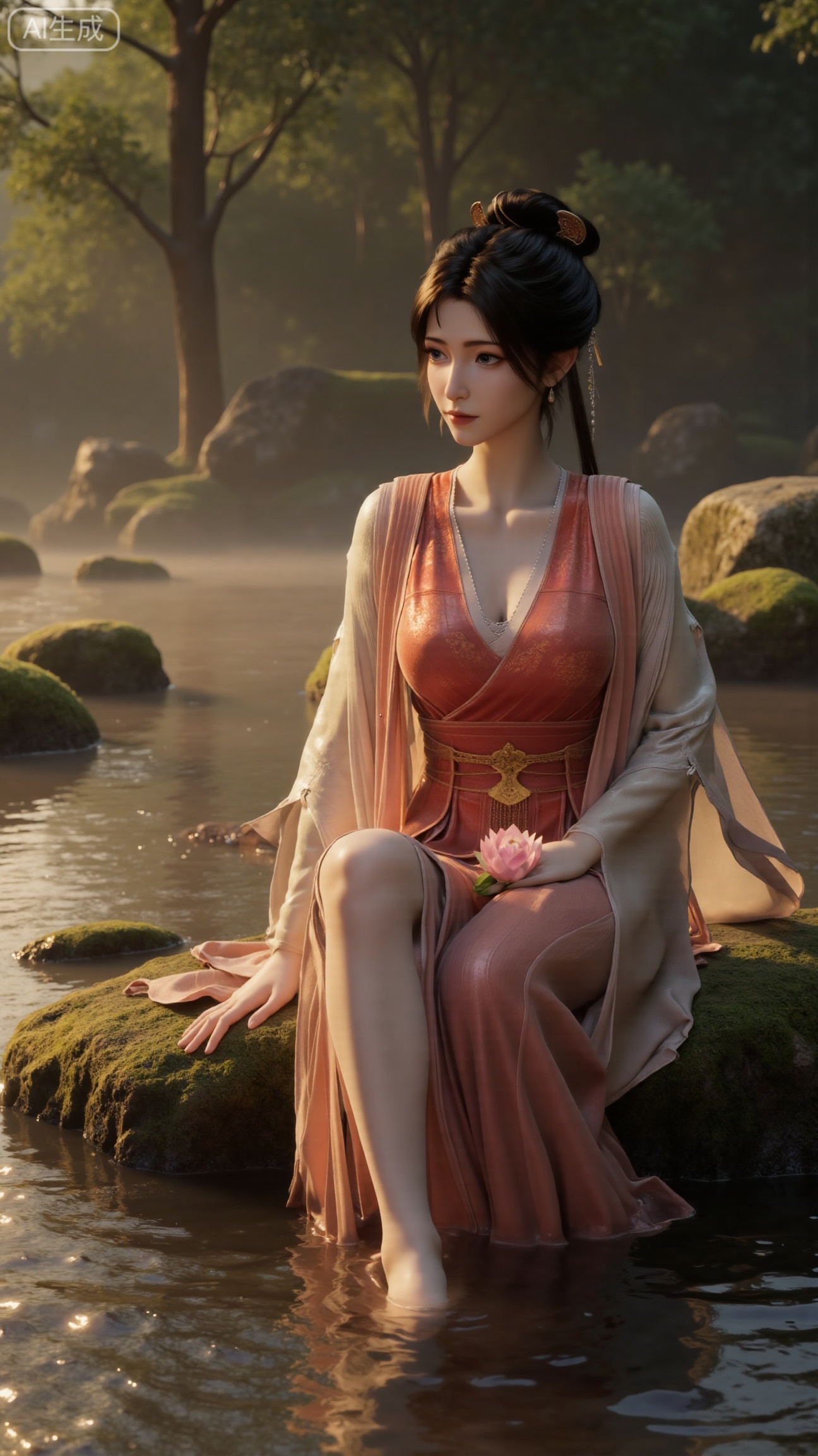 (masterpiece:1.3), ultra-detailed, 8k, photorealistic, best quality, cinematic lighting, volumetric sunlight, soft shadows, subsurface scattering, depth of field, A stunning young woman sits gracefully barefoot on a moss-covered rock beside a crystal-clear stream in a tranquil forest. The sunlight filters through the trees, casting dappled golden light on her smooth skin and the rippling water. She wears an exquisite long dress with fine pink and gold embroidery across the chest and short sleeves. Her long, dark hair flows naturally over her shoulders, softly illuminated by the warm light. Her bare feet touch the cool moss and shallow water, adding a sense of intimacy and realism. One hand rests gently on her hip, while the other holds a blooming lotus flower, her expression calm and serene. Mist rises gently from the water, with reflections dancing on the surface, creating a peaceful, ethereal atmosphere. (background with mossy stones, flowing stream, forest sunlight, soft haze, and gentle reflections:1.6), (realistic skin texture:1.3), (natural color tones:1.3), (film look:1.2) (huge breasts:2.99),(full breasts:2.99),, , 
,Xbigbreasts,XmupeilingXYH2,XmuplXYH,XmupeilingXYH,XmuplXYH,Xchangtui