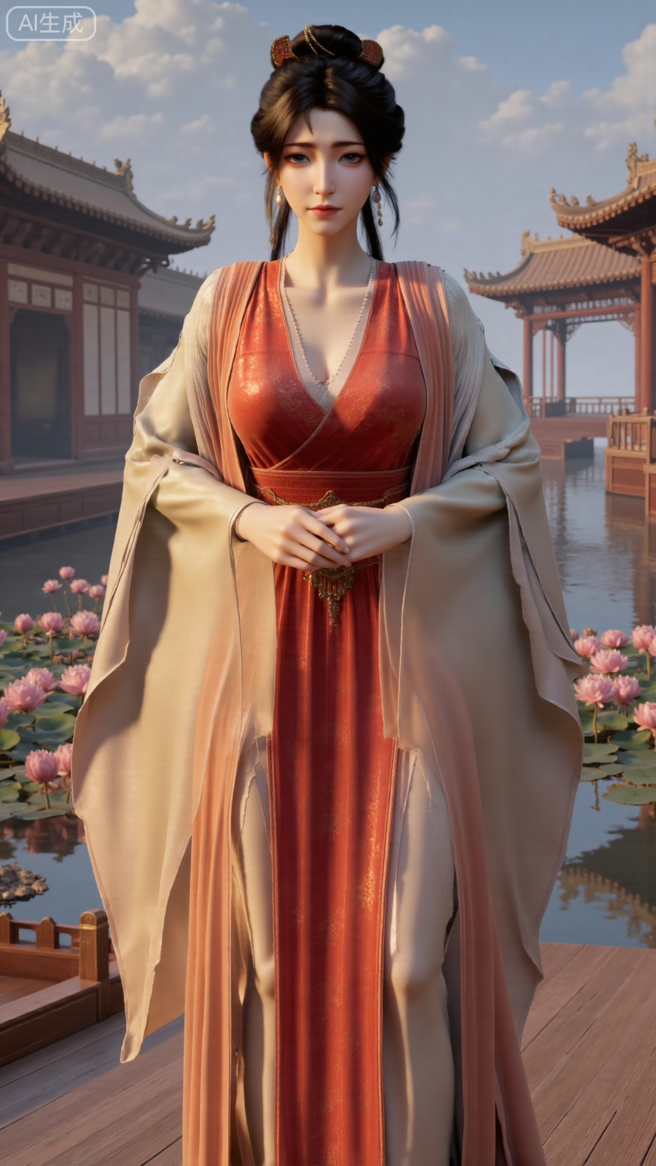 (masterpiece, best quality:1.23),A long - legged ancient - style courtesan girl, wearing a gorgeous and lightweight brocade ruqun. The hem of the skirt is embroidered with delicate peony patterns, with bright colors. She wears a semi - transparent gauze cape, fluttering in the wind. Her hair is combed into a complex bun, adorned with gold hairpins and pearl - jade headdresses, red ruby earrings on her ears, and a jade necklace around her neck. Holding a folding fan painted with orchids, standing in front of an antique pavilion, with a blooming peach tree behind her, showing a charming and amorous style,(huge breasts, full breasts:2.98), ,(Background with traditional Chinese architecture, lotus pond and pink lotus flowers:1.59), , 
,Xbigbreasts,XmupeilingXYH2,XmuplXYH,XmupeilingXYH,XmuplXYH,Xchangtui