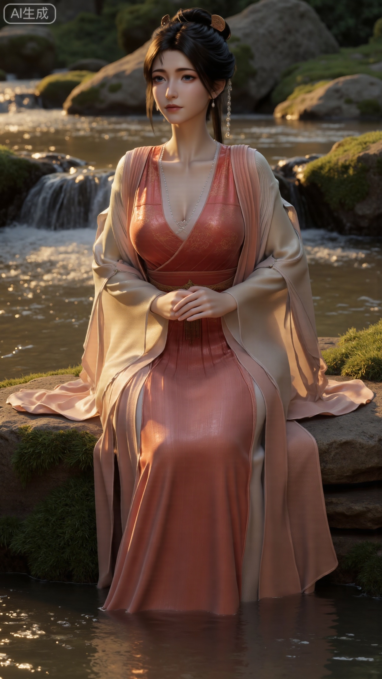 (masterpiece:1.3), ultra-detailed, 8k, photorealistic, best quality, cinematic lighting, volumetric sunlight, soft shadows, subsurface scattering, depth of field, A stunning young woman sits gracefully barefoot on a moss-covered rock beside a crystal-clear stream in a tranquil forest. The sunlight filters through the trees, casting dappled golden light on her smooth skin and the rippling water. She wears an exquisite long dress with fine pink and gold embroidery across the chest and short sleeves. Her long, dark hair flows naturally over her shoulders, softly illuminated by the warm light. Her bare feet touch the cool moss and shallow water, adding a sense of intimacy and realism. One hand rests gently on her hip, while the other holds a blooming lotus flower, her expression calm and serene. Mist rises gently from the water, with reflections dancing on the surface, creating a peaceful, ethereal atmosphere. (background with mossy stones, flowing stream, forest sunlight, soft haze, and gentle reflections:1.6), (realistic skin texture:1.3), (natural color tones:1.3), (film look:1.2) (huge breasts:2.99),(full breasts:2.99),, , 
,Xbigbreasts,XmupeilingXYH2,XmuplXYH,XmupeilingXYH,XmuplXYH,Xchangtui