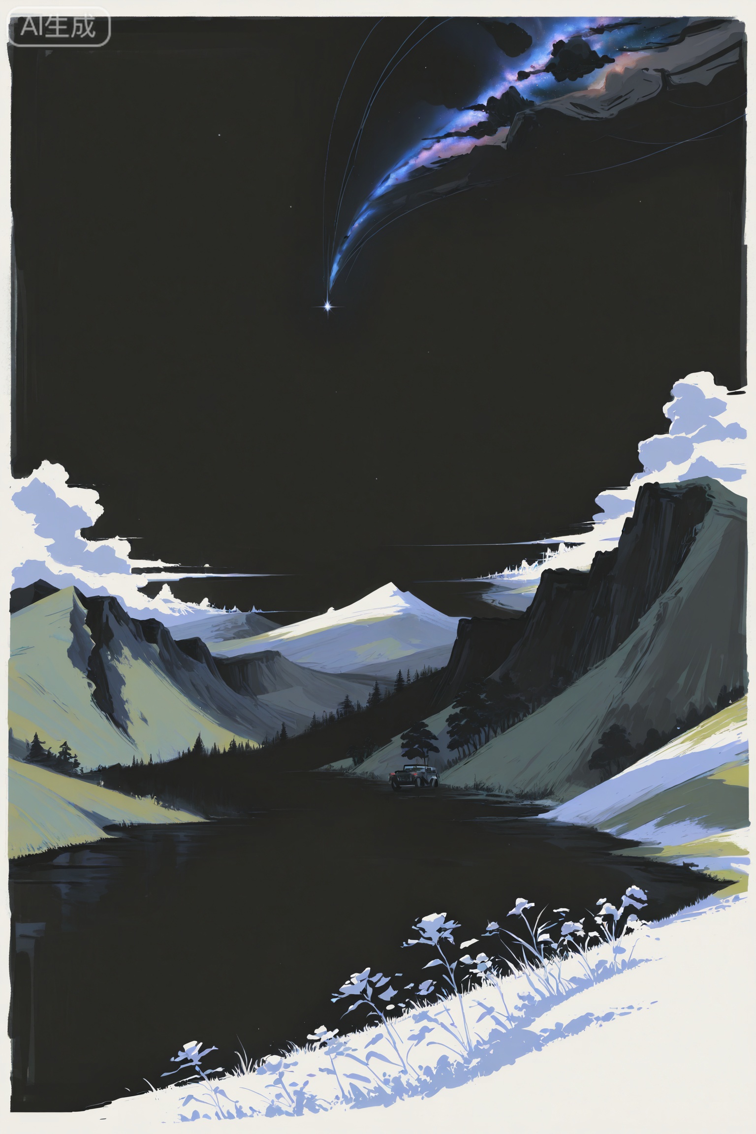 Grassland, Hills, Jeep, Night, Galaxy
//Digital art,illustration,masterpiece,best quality,Delicate eyes,delicate face,black background,masterpiece,best quality,newest,year 2024,year 2023,luxurious and gorgeous,line art,comic style,lineart,sketch,art_shuimo style