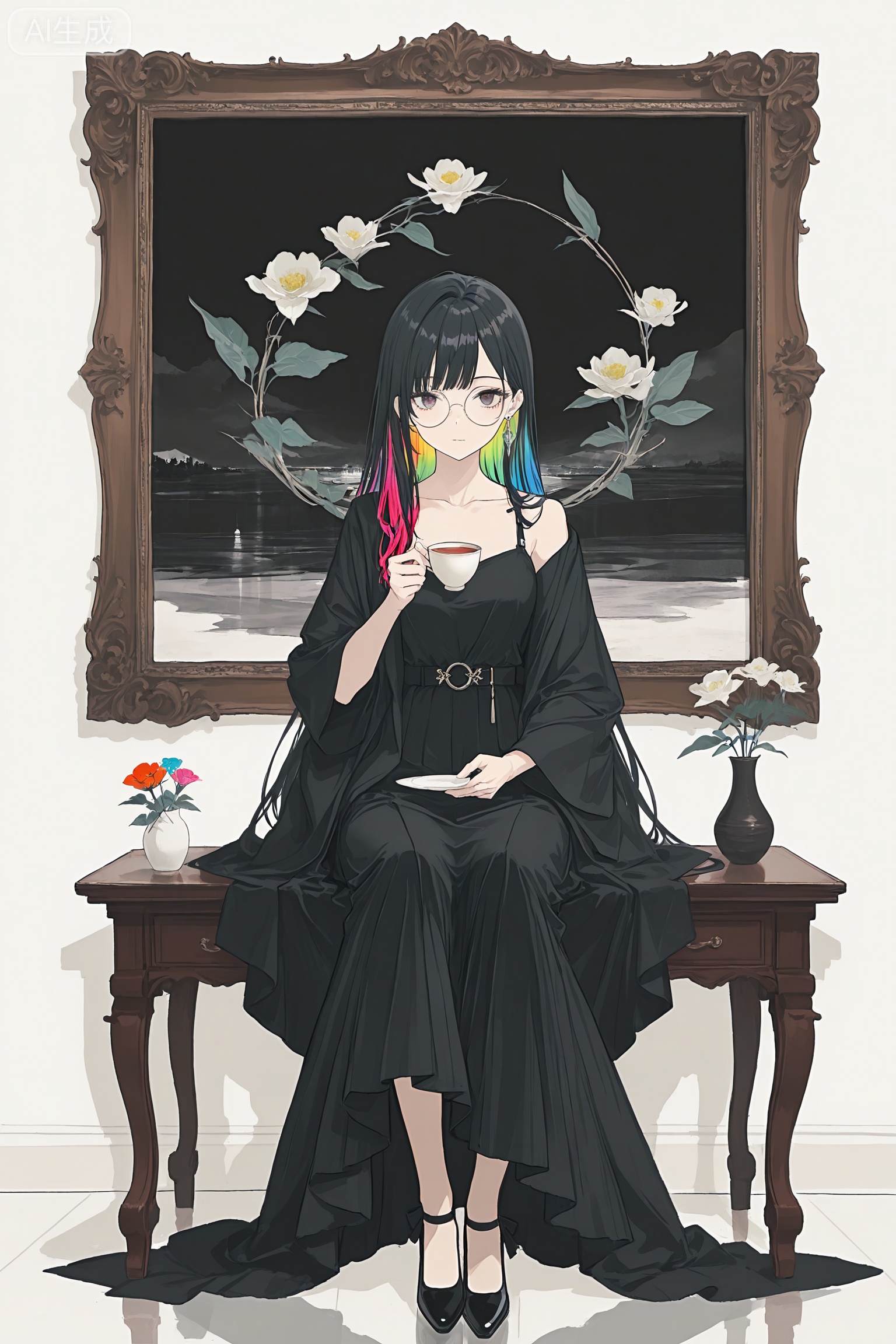 art_shuimo style,
Digital art scene illustration,lineart,Digital art,a girl sitting at the table,drinking tea,(full body:1.1),painting on the wall,(masterpiece, top quality, best quality, official art, beautiful and aesthetic:1.2),1girl,extreme detailed,flowers,colorful,highest detailed,real photography,1girl,solo,long hair,black hair,bangs,round eyewear,multicolored hair,jewelry,earrings,collarbone,extreme aesthetic,//masterpiece,best quality,good quality,newest,very aesthetic,absurdres,Visual impact,32K UHD,sharp focus
