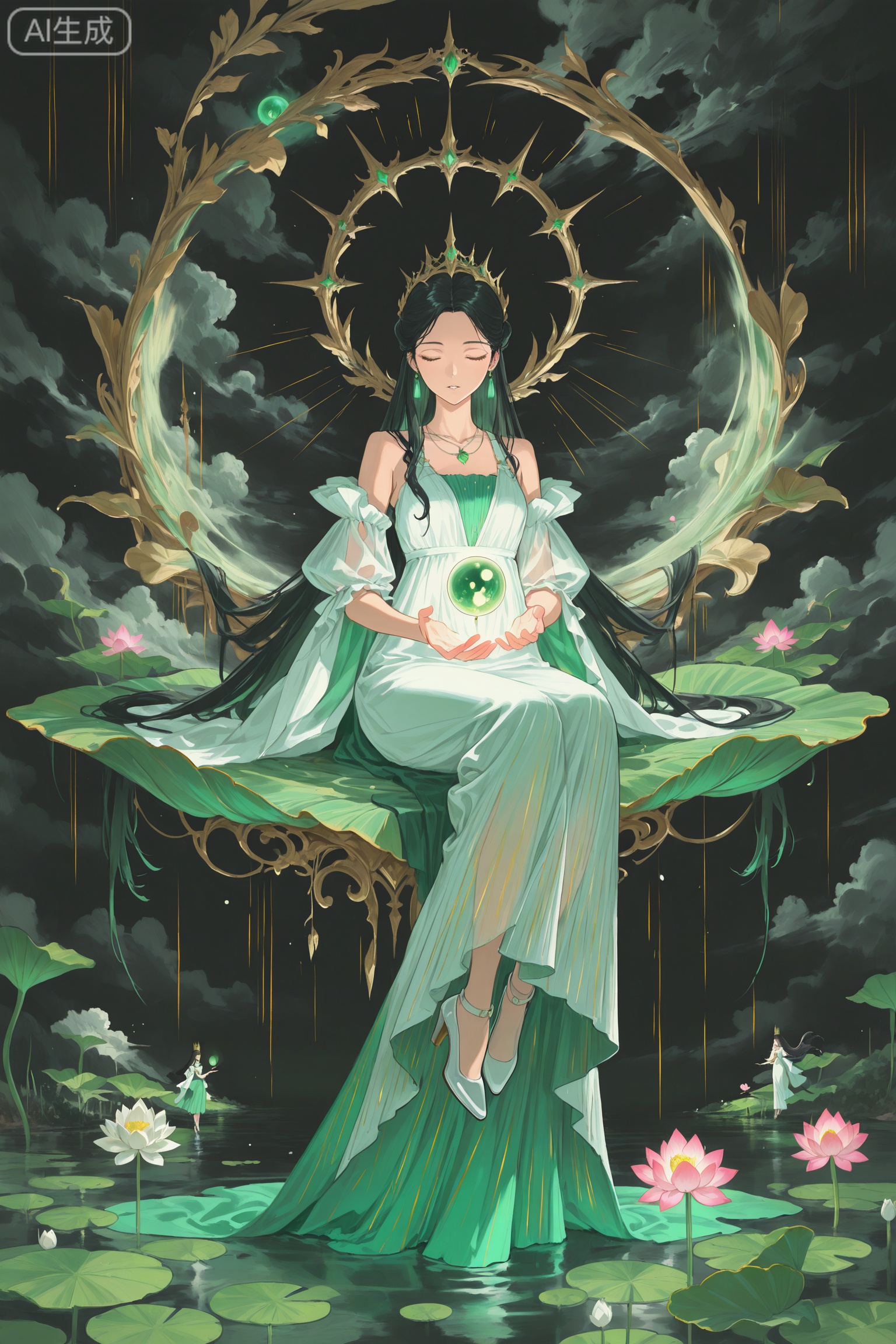 flower, lotus, dress, long hair, black hair, pink flower, multiple girls, very long hair, white dress, floating, white footwear, lily pad, jewelry, 3girls, high heels, green theme, tassel, holding, bangs, closed eyes, sitting, crown, hair ornament, orb, looking at viewer, detached sleeves, leaf, glowing, white flower, puffy sleeves, necklace, full body, short sleeves, parted lips, see-through, hair bun, water, earrings, green flower, bare shoulders, green dress, knees up,  The image is a digital artwork featuring an anime-style fantasy composition with vibrant colors. In the foreground, there's a female character with long hair and large eyes, dressed in what appears to be a white outfit with elements of flowers or leaves. She is holding a green orb with a design on it. Behind her, there are swirling patterns and various other characters that resemble animated beings or possibly fantasy creatures. The overall style is whimsical and fantastical, suggesting a theme of magic and nature. The emotional inclination of the image is one of enchantment and wonder, evoking feelings of fantasy and imaginative storytelling. 

The character stands in the foreground with a background of cloudy skies and hints of a fantastical landscape, possibly suggesting she is in mid-air or floating. The overall atmosphere of the artwork is serene and ethereal, evoking a sense of otherworldliness and mysticism. The color palette is dominated by blues, purples, and greens, contributing to the magical feel of the scene. 

//Digital art,illustration,masterpiece,best quality,Delicate eyes,delicate face,black background,masterpiece,best quality,newest,year 2024,year 2023,luxurious and gorgeous,line art,comic style,lineart,sketch,(colorful lines:1.5).,art_shuimo style,
