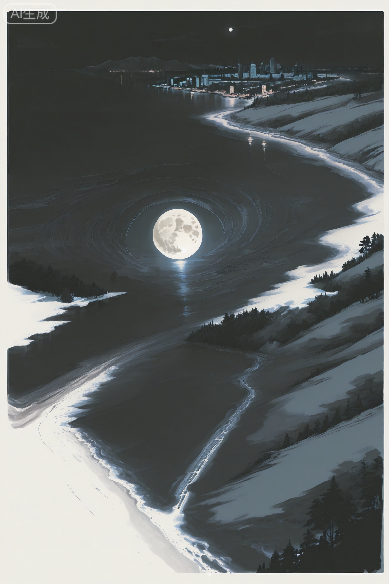 outdoors night city garden,snow,moon,lake,from above,
//Digital art,illustration,masterpiece,best quality,Delicate eyes,delicate face,black background,masterpiece,best quality,newest,year 2024,year 2023,luxurious and gorgeous,line art,comic style,lineart,sketch,art_shuimo style