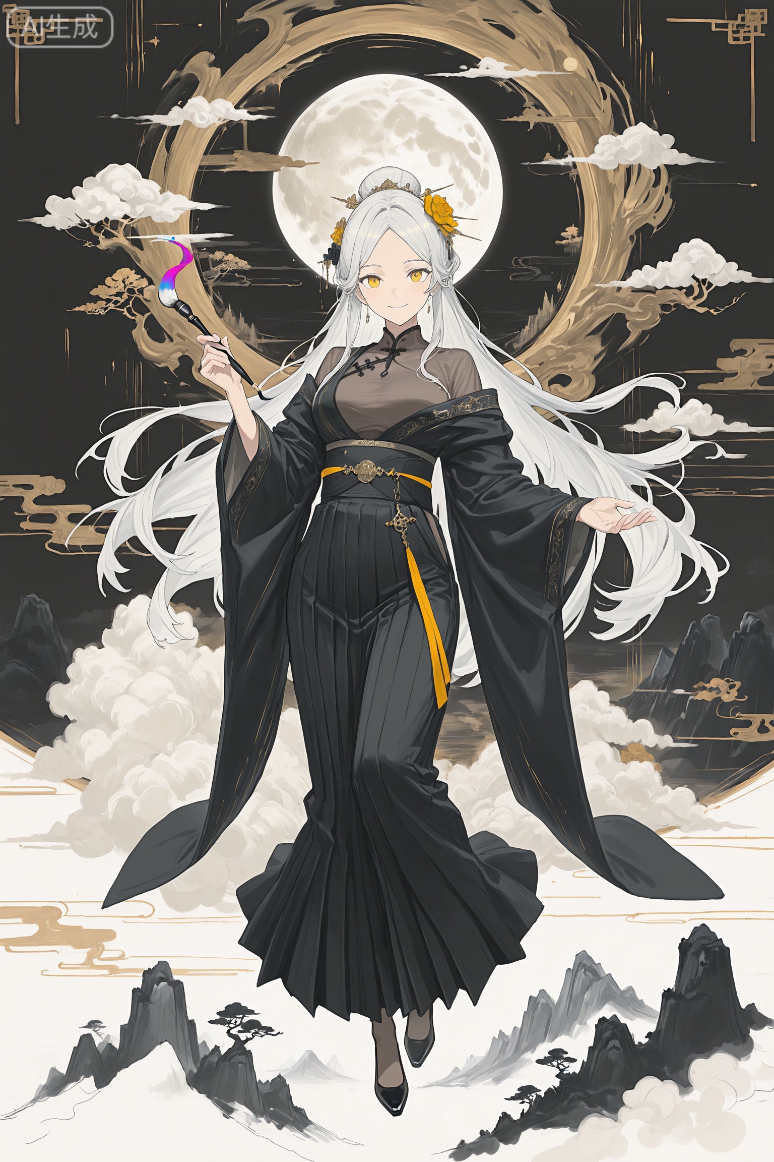 1girl, long hair, solo, very long hair, holding, paintbrush, wide sleeves, hair ornament, long sleeves, japanese clothes, flower, cloud, bangs, kimono, holding paintbrush, full body, off shoulder, mountain, calligraphy brush, white hair, skirt, sash, looking at viewer, hair flower, breasts, yellow eyes, hair bun, black footwear, see-through, moon, chinese clothes, smile, hakama,  The image is an illustration with a fantasy theme. It features a central figure, seemingly female with flowing robes in shades of blue, holding out her right hand as if casting a spell. The background depicts a cloudy sky and what appears to be floating islands or platforms with various buildings, suggesting a mystical or futuristic setting. There are also elements like mountains, animals, and celestial bodies that contribute to the ethereal atmosphere. The overall style is rich in detail with a vibrant use of color and light effects, evoking a sense of wonder and magic. 
art_shuimo style,
//Digital art,illustration,masterpiece,best quality,Delicate eyes,delicate face,black background,masterpiece,best quality,newest,year 2024,year 2023,luxurious and gorgeous,line art,comic style,lineart,sketch,(colorful lines:1.5).,