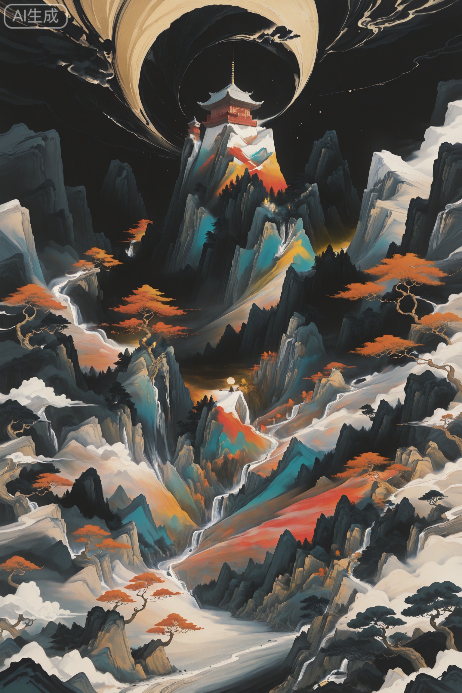 art_shuimo style,
Digital art scene illustration,Digital art,a digital illustration of a traditional Chinese landscape. The background is a gradient of red and orange, The sky is filled with raindrops,creating a dramatic and moody atmosphere.,
In the center of the image,there is a large mountain with a pagoda-like structure in the foreground. The pagoda is surrounded by trees and shrubs,and there are a few birds flying around it. The mountain appears to be covered in greenery,with patches of orange and yellow foliage. The overall color scheme of the illustration is warm and earthy,with shades of orange,yellow,and brown. The image has a vintage and traditional feel to it.,
//,solo,
Digital art,illustration,masterpiece,best quality,
Delicate eyes,delicate face,extremely detailed CG unity 8k wallpaper,extremely detailed,High Detail,colorful theme,Psychedelic art,fractal art,dark background,deep dark background,//(fractal art:0.6),(Psychedelic art:0.6),