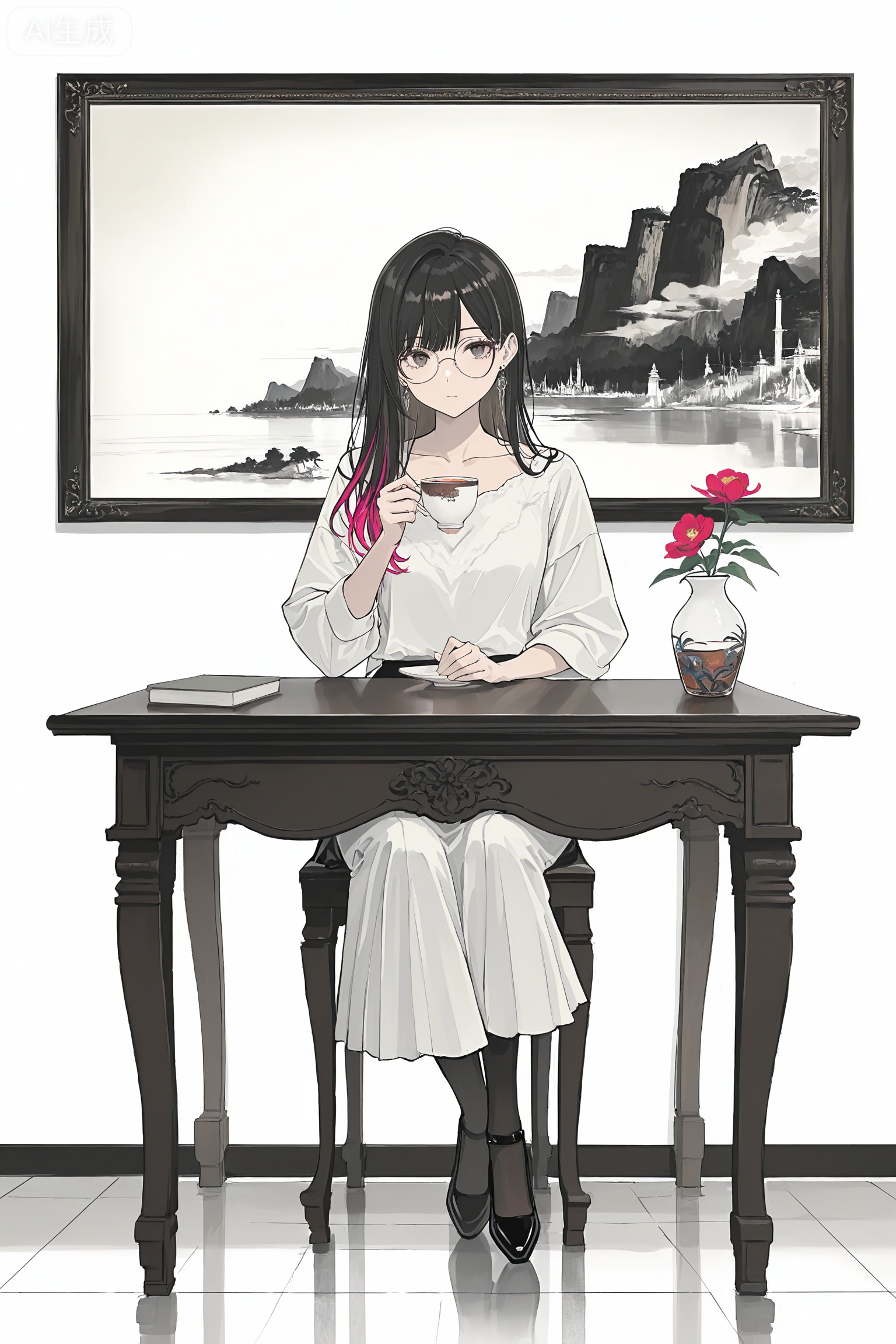 art_shuimo style,
Digital art scene illustration,lineart,Digital art,a girl sitting at the table,drinking tea,(full body:1.1),painting on the wall,(masterpiece, top quality, best quality, official art, beautiful and aesthetic:1.2),1girl,extreme detailed,flowers,colorful,highest detailed,real photography,1girl,solo,long hair,black hair,bangs,round eyewear,multicolored hair,jewelry,earrings,collarbone,extreme aesthetic,//masterpiece,best quality,good quality,newest,very aesthetic,absurdres,Visual impact,32K UHD,sharp focus