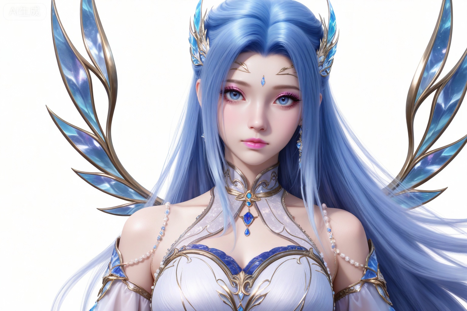 8k,best quality,masterpiece,
,tangwutong,blue eyes,long hair,hair ornament,wings,blue hair,
tangwutong,1girl,upper body,blue eyes,solo,long hair,hair ornament,white background,blue hair,wings,dress,looking at viewer,simple background,white dress,closed mouth,bare shoulders,blue dress,
,pifu,realistic,eyelash,longeyelashes,light pink eye shadow,light pink lipstick,makeup,