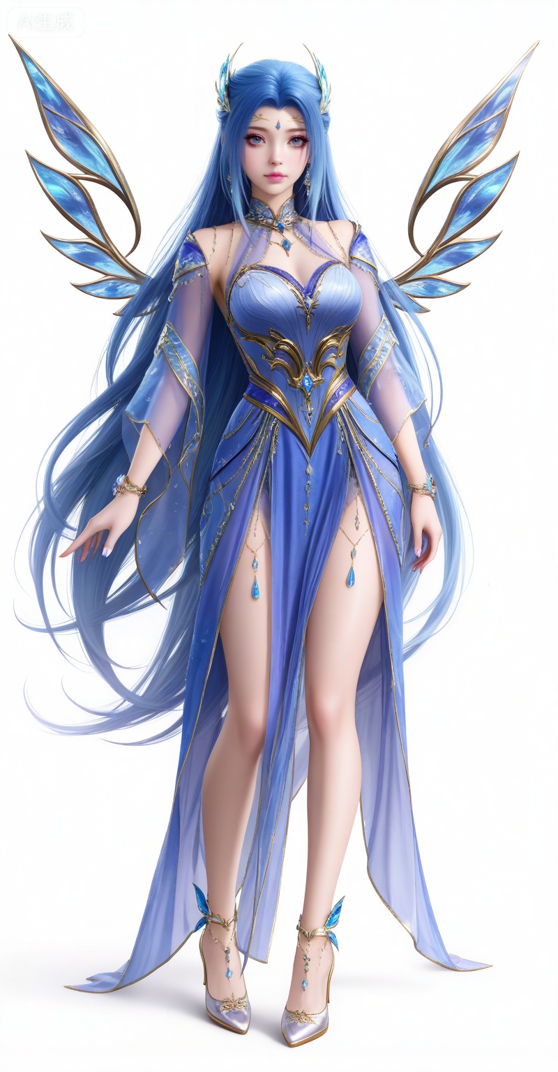 8k,best quality,masterpiece,
,tangwutong,blue eyes,long hair,hair ornament,wings,blue hair,
1girl,long hair,solo,jewelry,dress,white background,very long hair,bracelet,breasts,full body,blue dress,detached sleeves,simple background,see-through,standing,
high heels,blue gemstone,gem,jewelry,
,pifu,realistic,eyelash,longeyelashes,light pink eye shadow,light pink lipstick,makeup,looking_at_viewer,