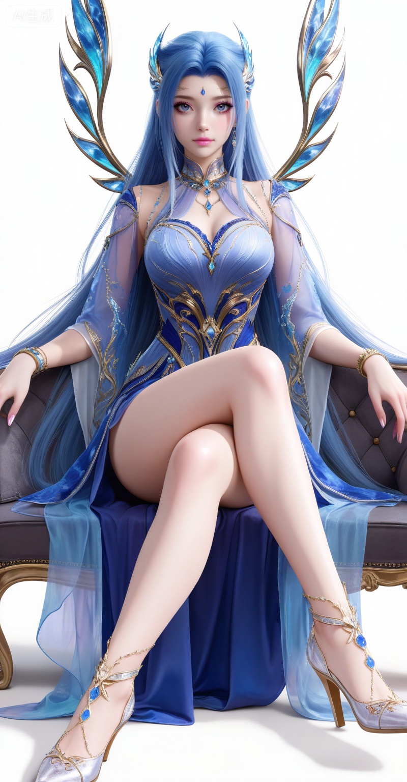 8k,best quality,masterpiece,
,tangwutong,blue eyes,long hair,hair ornament,wings,blue hair,
1girl,long hair,solo,jewelry,dress,white background,very long hair,bracelet,breasts,full body,blue dress,detached sleeves,simple background,see-through,
high heels,blue gemstone,gem,jewelry,
,pifu,realistic,eyelash,longeyelashes,light pink eye shadow,light pink lipstick,makeup,looking_at_viewer,sitting,couch,crossed_legs,