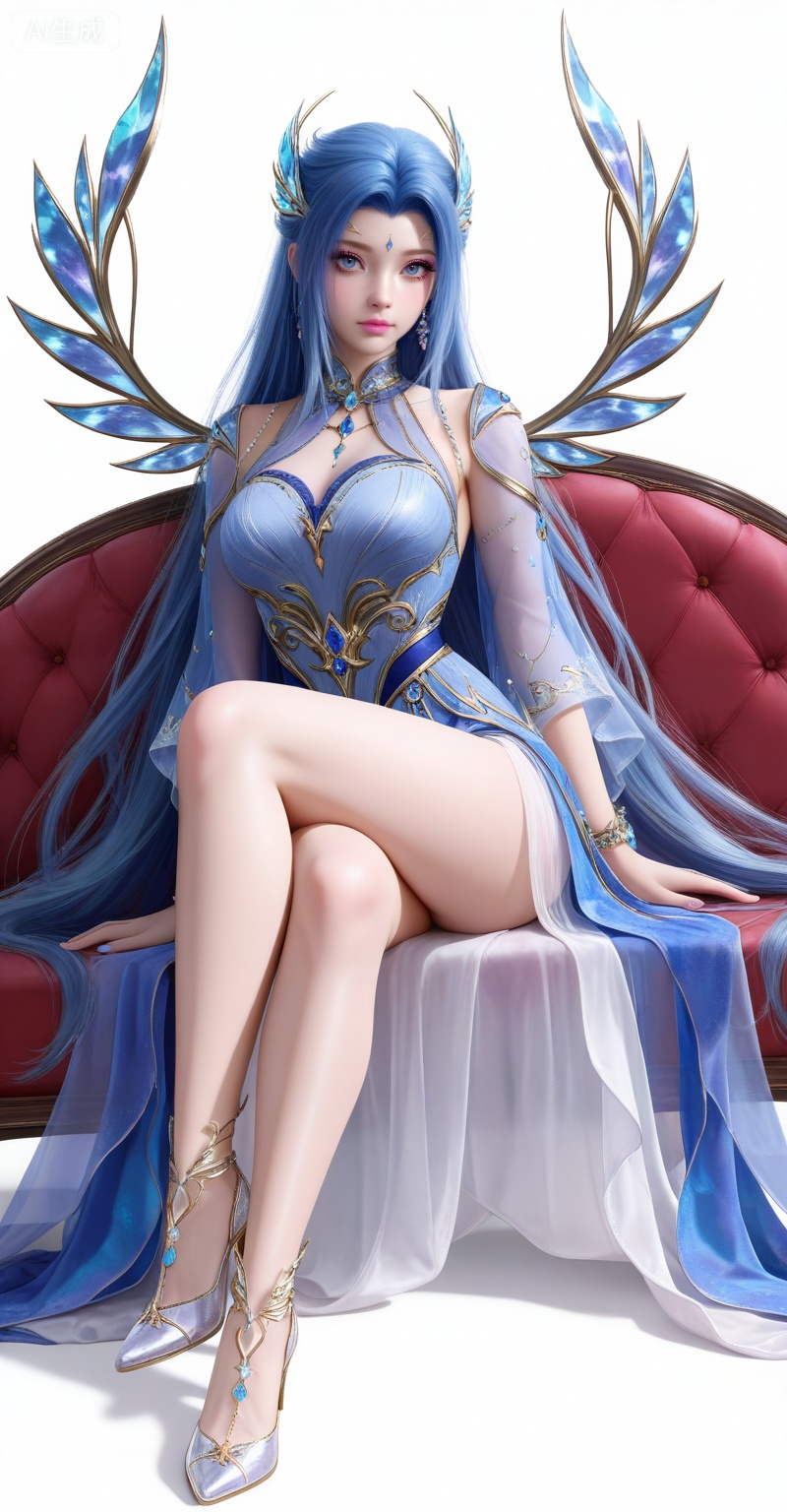 8k,best quality,masterpiece,
,tangwutong,blue eyes,long hair,hair ornament,wings,blue hair,
1girl,long hair,solo,jewelry,dress,white background,very long hair,bracelet,breasts,full body,blue dress,detached sleeves,simple background,see-through,
high heels,blue gemstone,gem,jewelry,
,pifu,realistic,eyelash,longeyelashes,light pink eye shadow,light pink lipstick,makeup,looking_at_viewer,sitting,couch,crossed_legs,