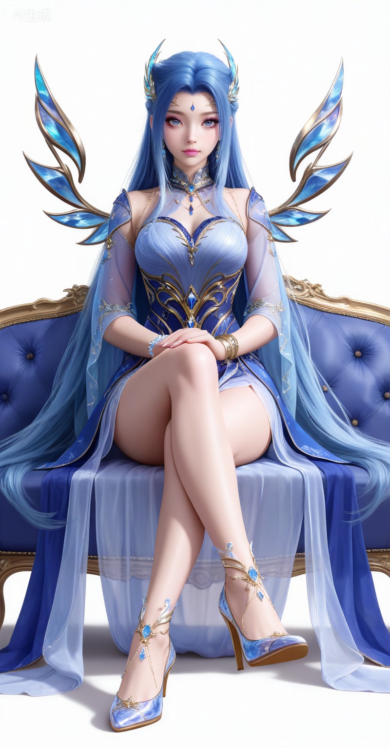8k,best quality,masterpiece,
,tangwutong,blue eyes,long hair,hair ornament,wings,blue hair,
1girl,long hair,solo,jewelry,dress,white background,very long hair,bracelet,breasts,full body,blue dress,detached sleeves,simple background,see-through,
high heels,blue gemstone,gem,jewelry,
,pifu,realistic,eyelash,longeyelashes,light pink eye shadow,light pink lipstick,makeup,looking_at_viewer,sitting,couch,crossed_legs,