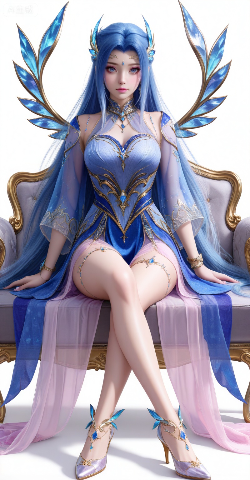 8k,best quality,masterpiece,
,tangwutong,blue eyes,long hair,hair ornament,wings,blue hair,
1girl,long hair,solo,jewelry,dress,white background,very long hair,bracelet,breasts,full body,blue dress,detached sleeves,simple background,see-through,
high heels,blue gemstone,gem,jewelry,
,pifu,realistic,eyelash,longeyelashes,light pink eye shadow,light pink lipstick,makeup,looking_at_viewer,sitting,couch,crossed_legs,