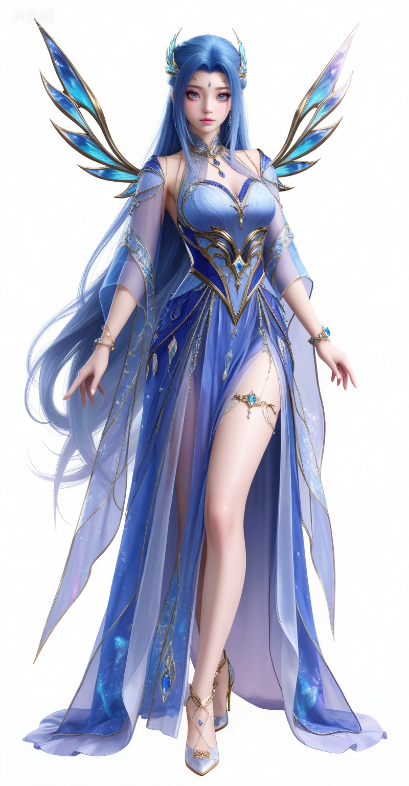 8k,best quality,masterpiece,
,tangwutong,blue eyes,long hair,hair ornament,wings,blue hair,
1girl,long hair,solo,jewelry,dress,white background,very long hair,bracelet,breasts,full body,blue dress,detached sleeves,simple background,see-through,standing,
high heels,blue gemstone,gem,jewelry,
,pifu,realistic,eyelash,longeyelashes,light pink eye shadow,light pink lipstick,makeup,looking_at_viewer,