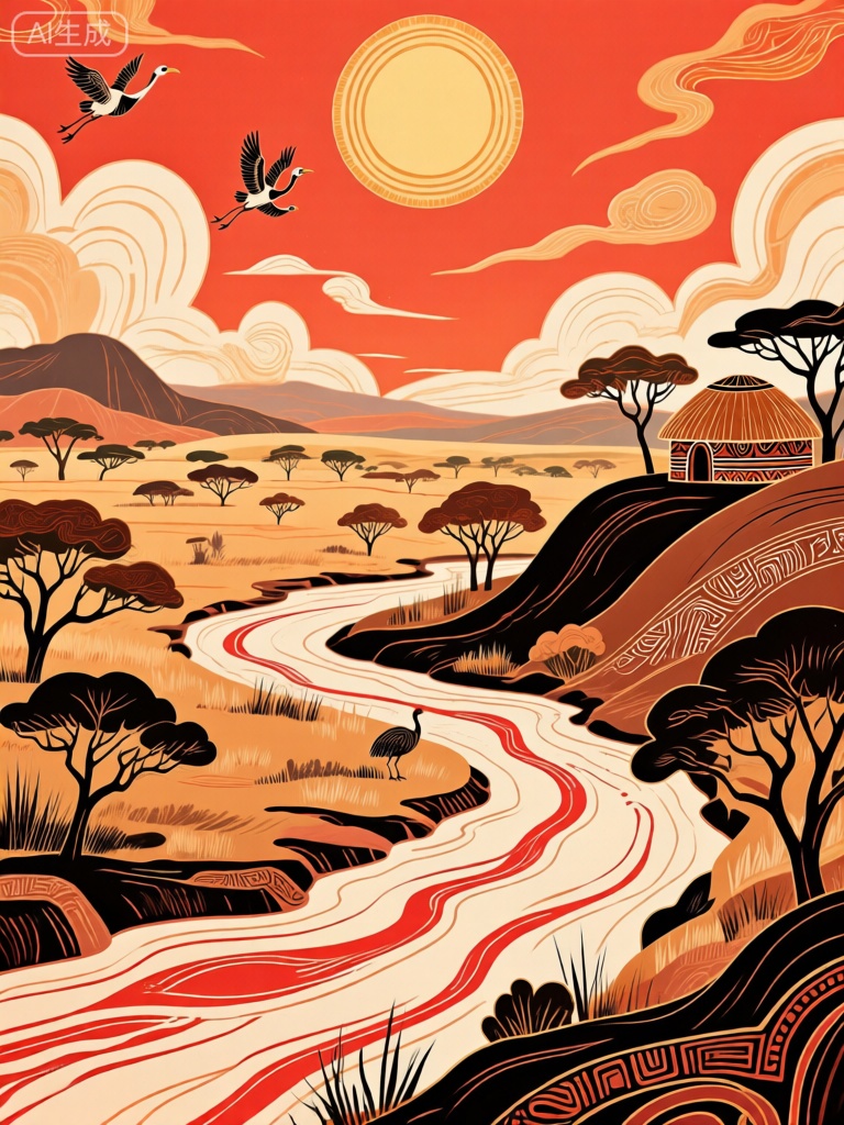 GCCH,该图像描绘了受非洲部落艺术强烈影响的风格化、抽象的风景。该场景以赭石色、深红和棕黑的多样色调的广袤草原和稀疏树木为特色,带有独特的部落图腾线条图案,营造出原始和野性美。一条干涸的河床或迁徙路线,由一条红色的曲折线条代表,蜿蜒穿过这片土地。天空是炽热而明亮的橙红色,一颗巨大的金色太阳位于正上方,散发出耀眼的光芒。天空中飘浮着造型奇特的云朵和飞翔的鸵鸟,增添了动态感和氛围。一座具有非洲部落特色的圆形茅草屋坐落在右侧的棕褐色土丘上,突出了艺术品的部落文化主题。整体构图自然和谐,具有热烈而永恒的气息。

