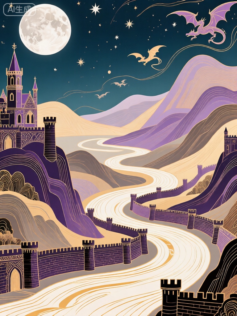 GCCH,该图像描绘了受中世纪欧洲艺术强烈影响的风格化、抽象的风景。此场景以紫色、土黄和灰褐的各类色调的起伏城堡轮廓与蜿蜒城墙为特色,有着繁复的几何线条图案,营造出神秘和历史厚重感。一条曲折的护城河或商队小径,由一条金色的光带线条代表,曲折穿过这片区域。天空是深邃而冷冽的藏青色,一轮银白的巨大满月位于左上角,洒下清冷的光辉。天空中散布着闪烁的星星和翱翔的飞龙剪影,增添了奇幻感和氛围。一座中世纪风格的尖顶塔楼坐落在左侧的深紫色城堡上,强化了艺术品的历史文化主题。整体构图规整有序,具有庄重而永恒的特质。


