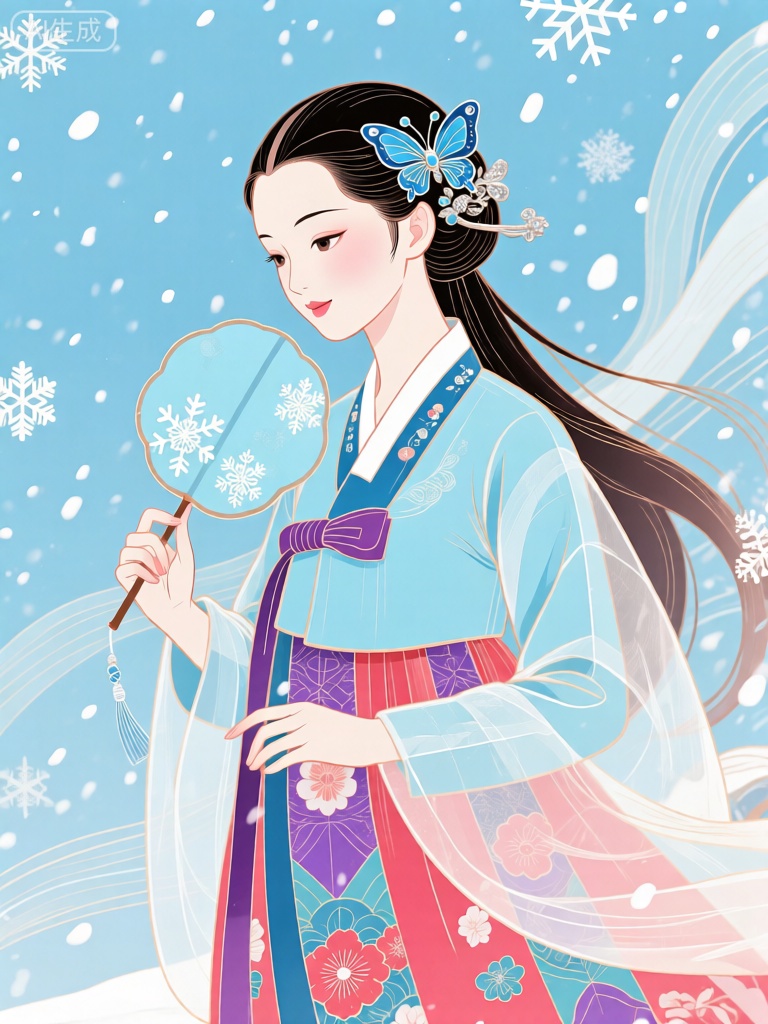 GCCH,该图像描绘了一位身着韩国传统服饰的女子,背景是飘落的雪花和淡蓝色的天空。她柔顺的长发上戴着精致的蝴蝶形发饰,发饰上有蓝色和银色的装饰。她拿着一把淡蓝色的团扇,上面装饰着白色的雪花图案。女子的服装是浅蓝色的高腰长裙,裙子的外层是轻盈的纱质,内层是鲜艳的色彩,有紫色、玫红和天蓝的花朵与几何图案。她的表情温柔而恬静。背景充满了风格化的雪花和流动的线条,给插图带来了清冷和雅致的感觉。

