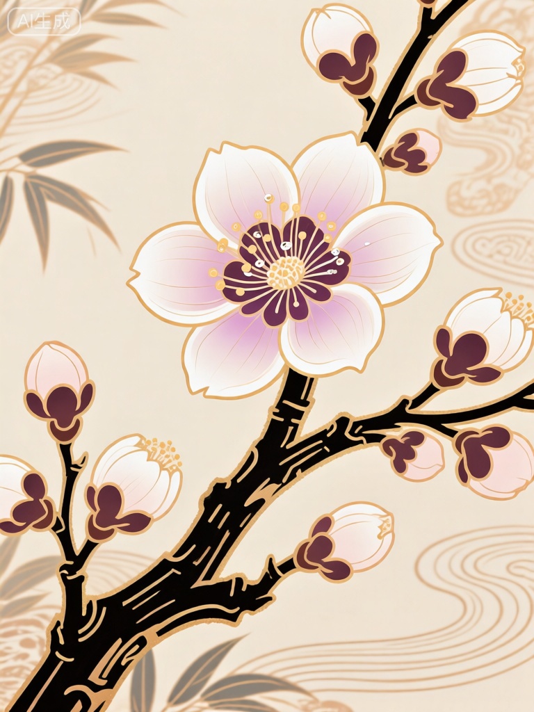 GCCH,该图像是一枝傲立绽放的墨梅的数字插图。梅花的花瓣清瘦而坚韧,从边缘的淡雅乳白色渐变到靠近花蕊处更浓郁的粉紫色。花朵中心的设计精巧且富有层次,有深褐色的花托和一簇淡黄色的小花蕊,花蕊上还沾着些许晶莹的“露珠”。主花周围环绕着几个小巧的花苞和半开的花朵,每朵花都带着相似的雅致色调。枝干呈古朴的深褐色,带有自然的纹理,并以金色或浅棕色的线条勾勒出轮廓,为构图增添了一份古朴与华贵。背景是浅米色或淡卡其色,与花朵的冷色调形成鲜明对比。微妙的装饰图案,包括风格化的水波纹和竹叶图案,在背景中若隐若现,在不偏离主题的情况下增强了整体美感。插图的风格让人想起传统的东亚艺术,特别是中国或日本的水墨画,强调自然意趣、简约的线条和和谐的色彩搭配。金色轮廓和渐变的使用赋予图像典雅、近乎空灵的品质。

